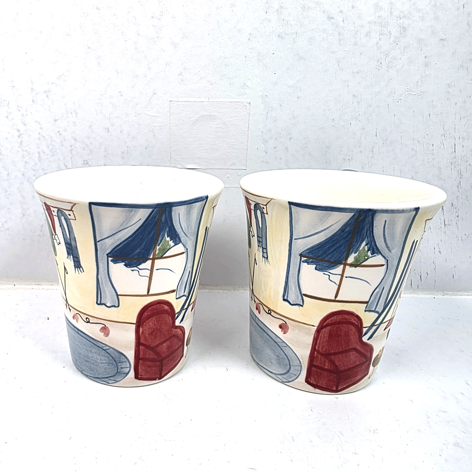 Vtg Eddie Bauer Home Large Coffee Mugs Set of 2 Painted Winter Cozy Cabin Lodge