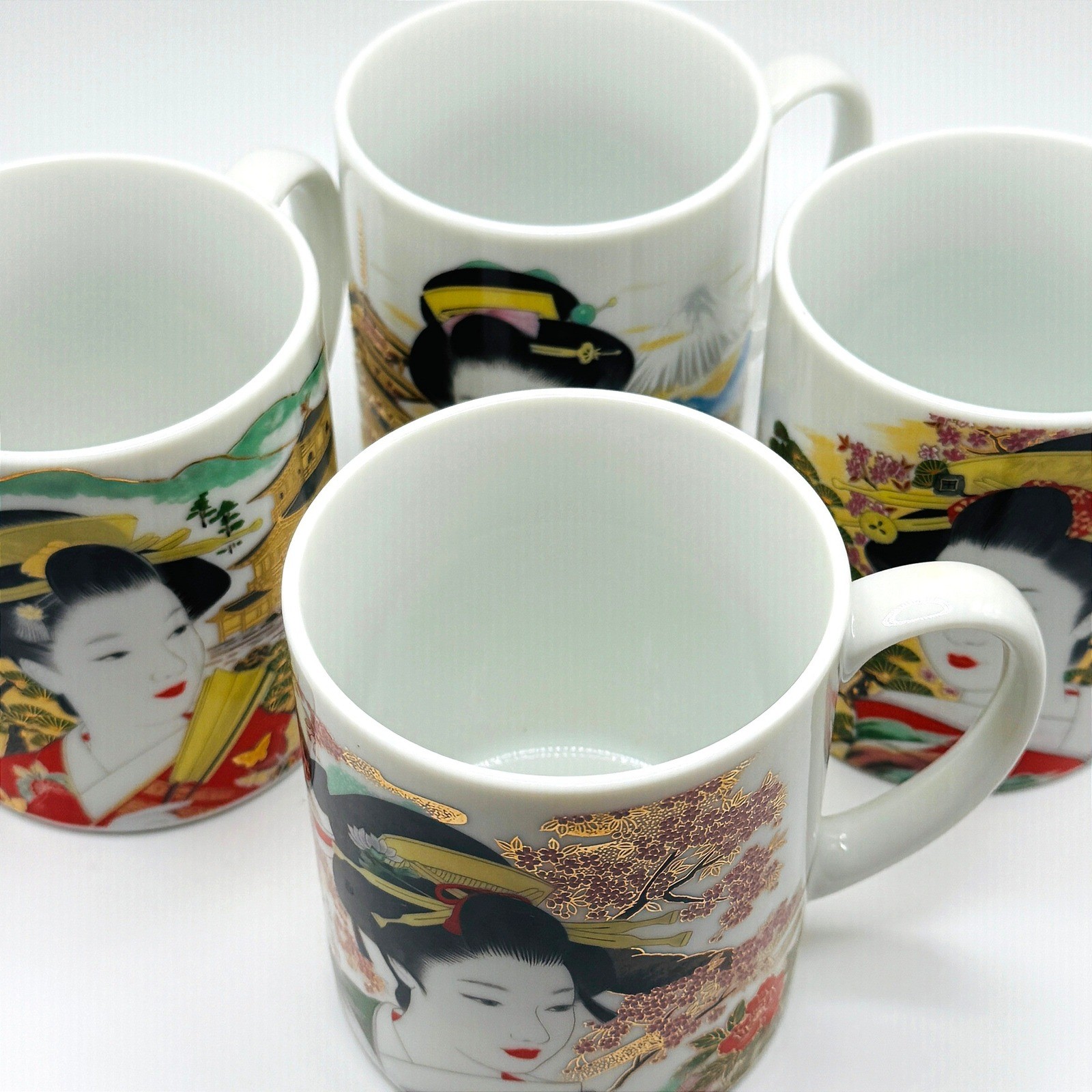 Japan Traditional Geisha Mugs Gold Gilt Mt Fuji Cherry Blossom Pagoda Coffee Tea