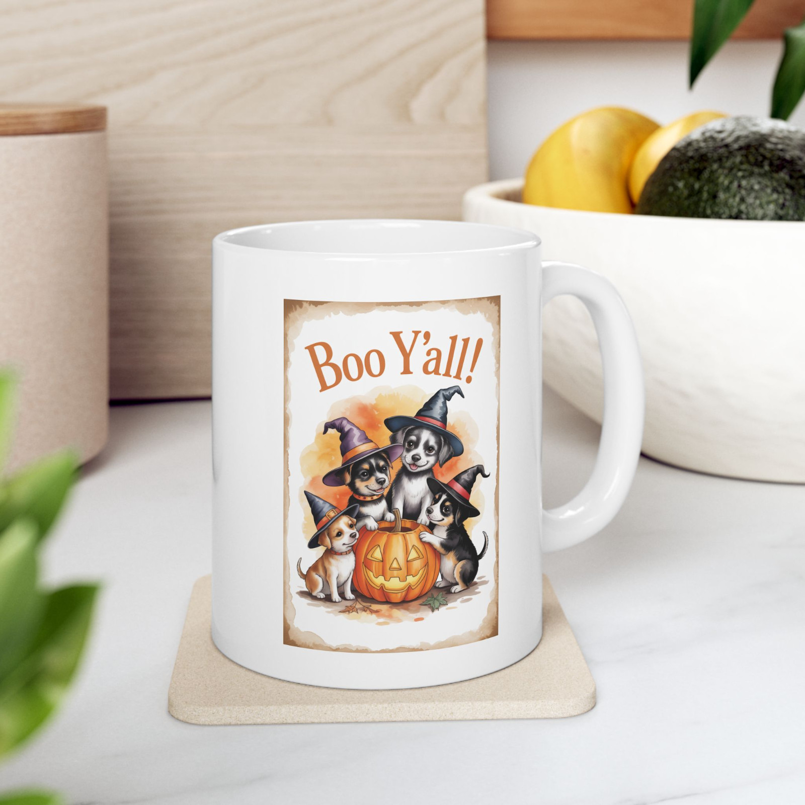 Boo Y’all Halloween Mug Cute Puppy Dog Witch Hat Pumpkin Fall Coffee Cup Gift