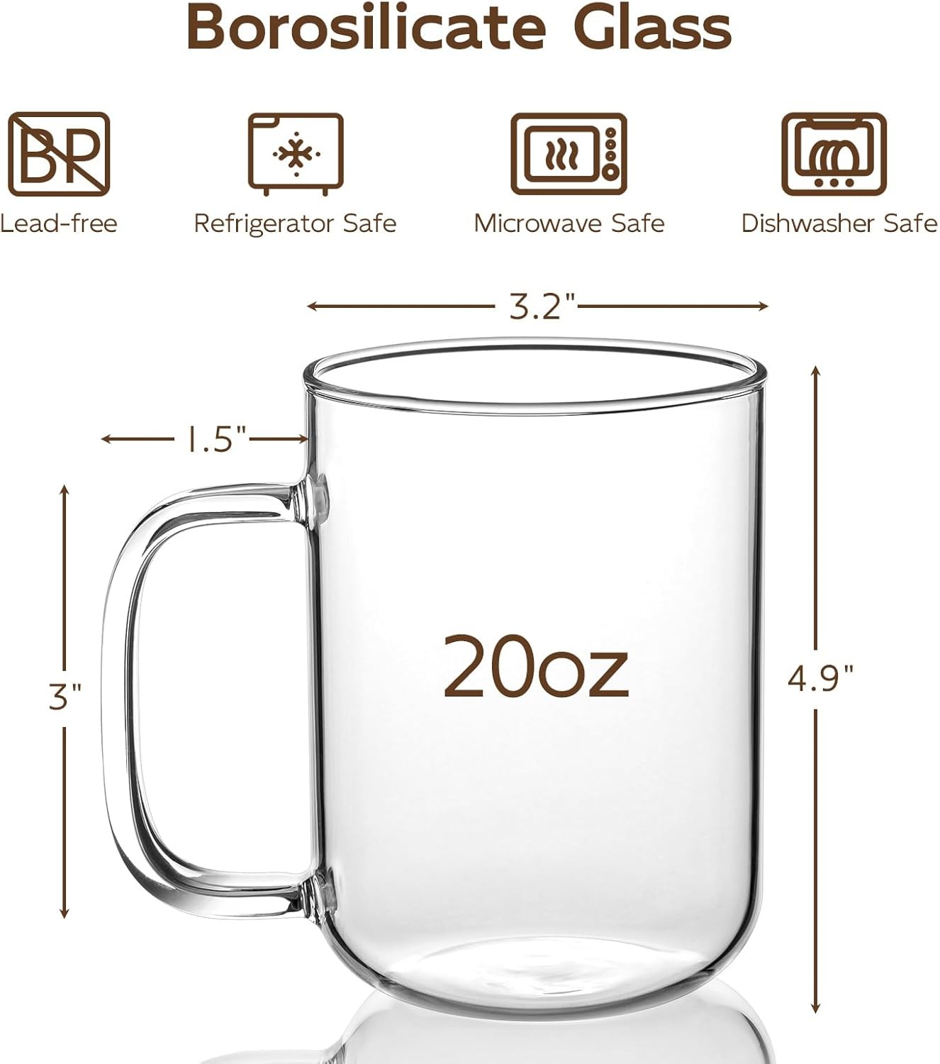 Glass Coffee Mugs, 20 oz Ice coffee cups, Large Clear Tea Cups Set of 2