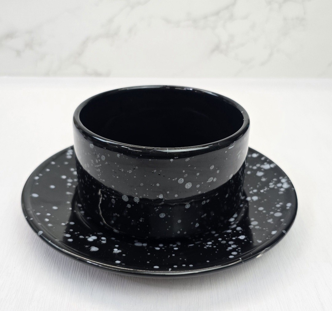 Black & White Speckled Stoneware Soup Bowl / Oversized Coffee Mug and Saucer