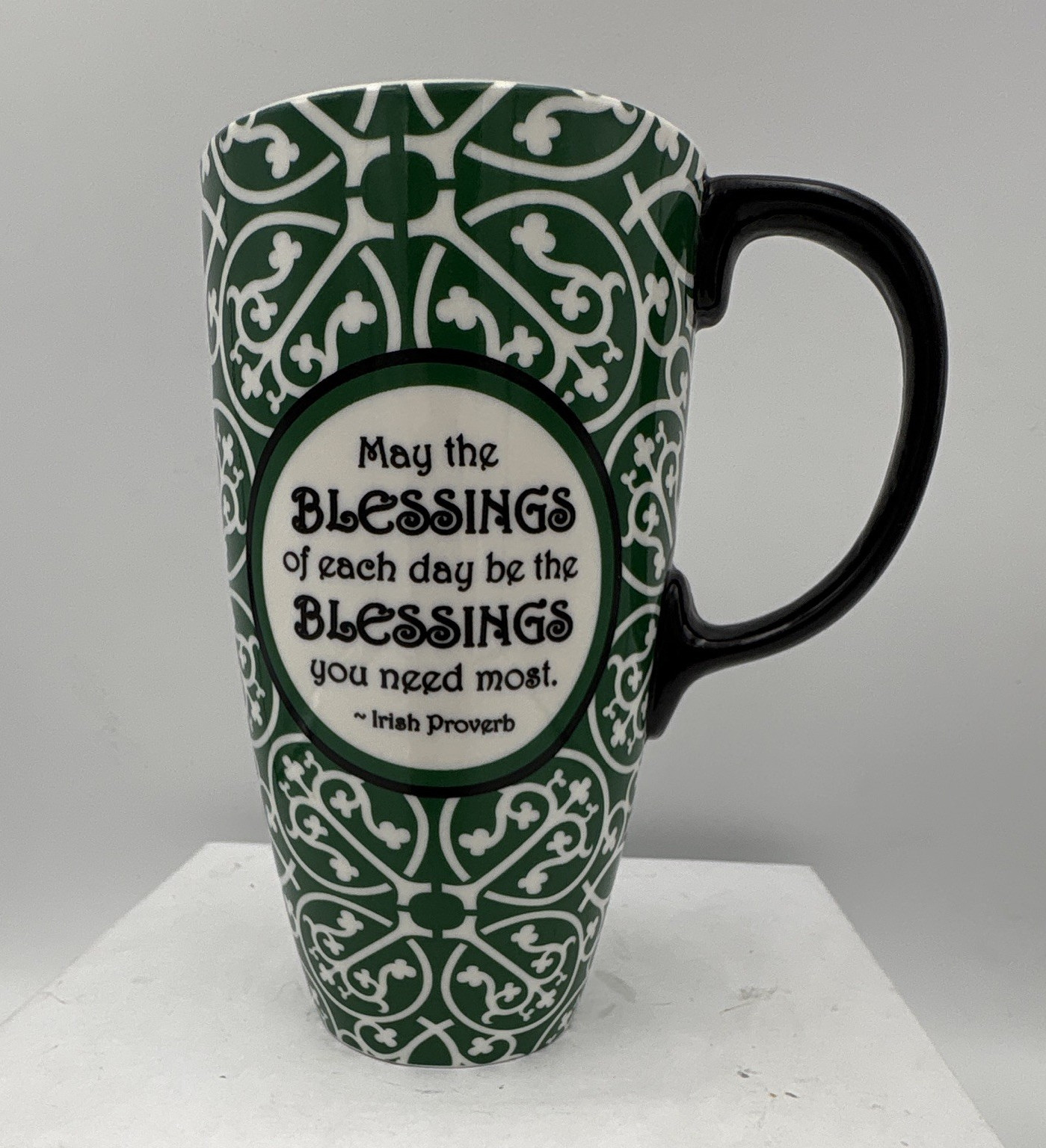 Cypress Green & White Geometric Tapered Ceramic Coffee Mug 16 fl oz Black Handle