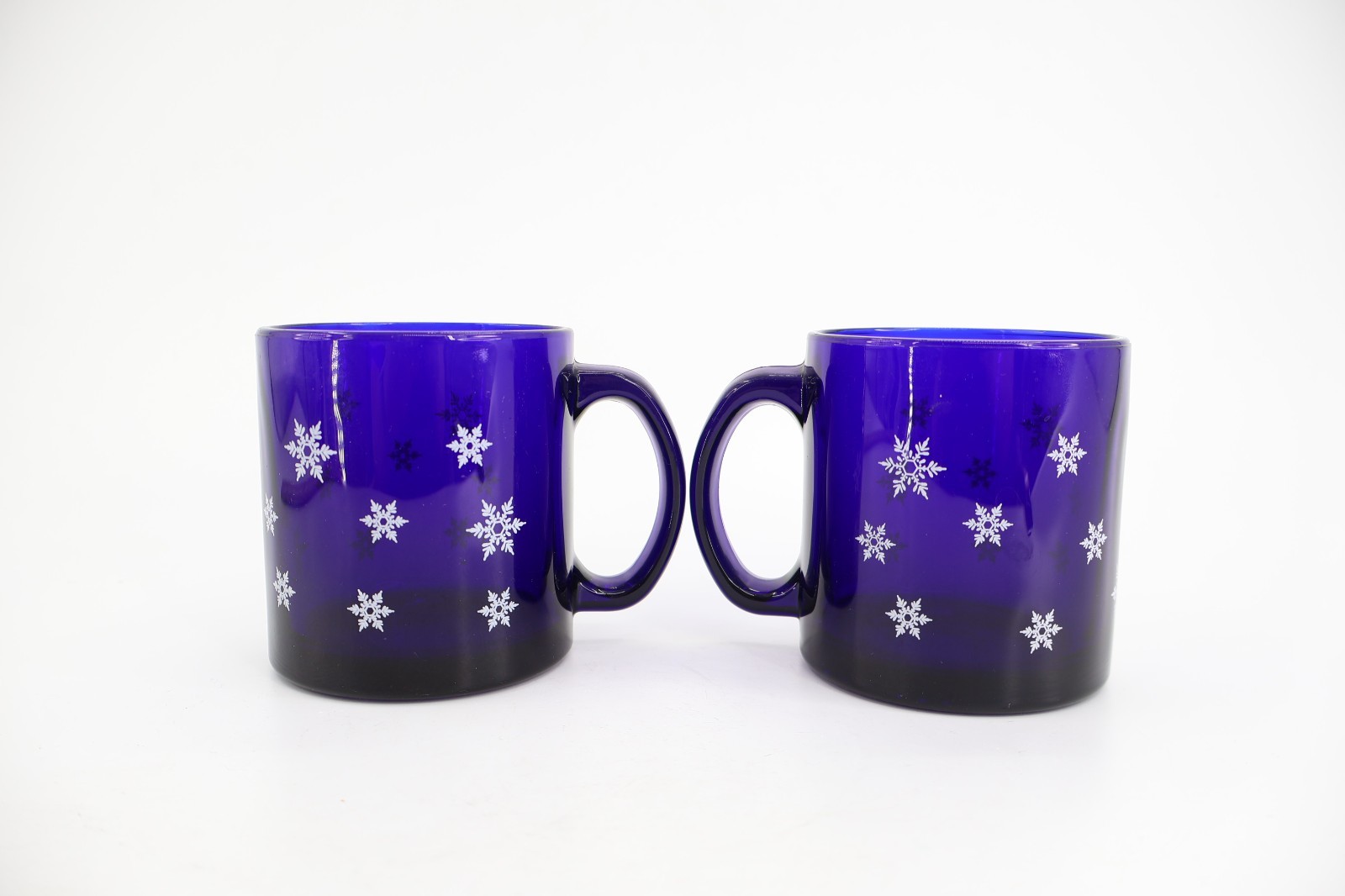 Libbey Cobalt Blue Glass Mugs Set of 2 White Snowflake Winter Christmas Holiday