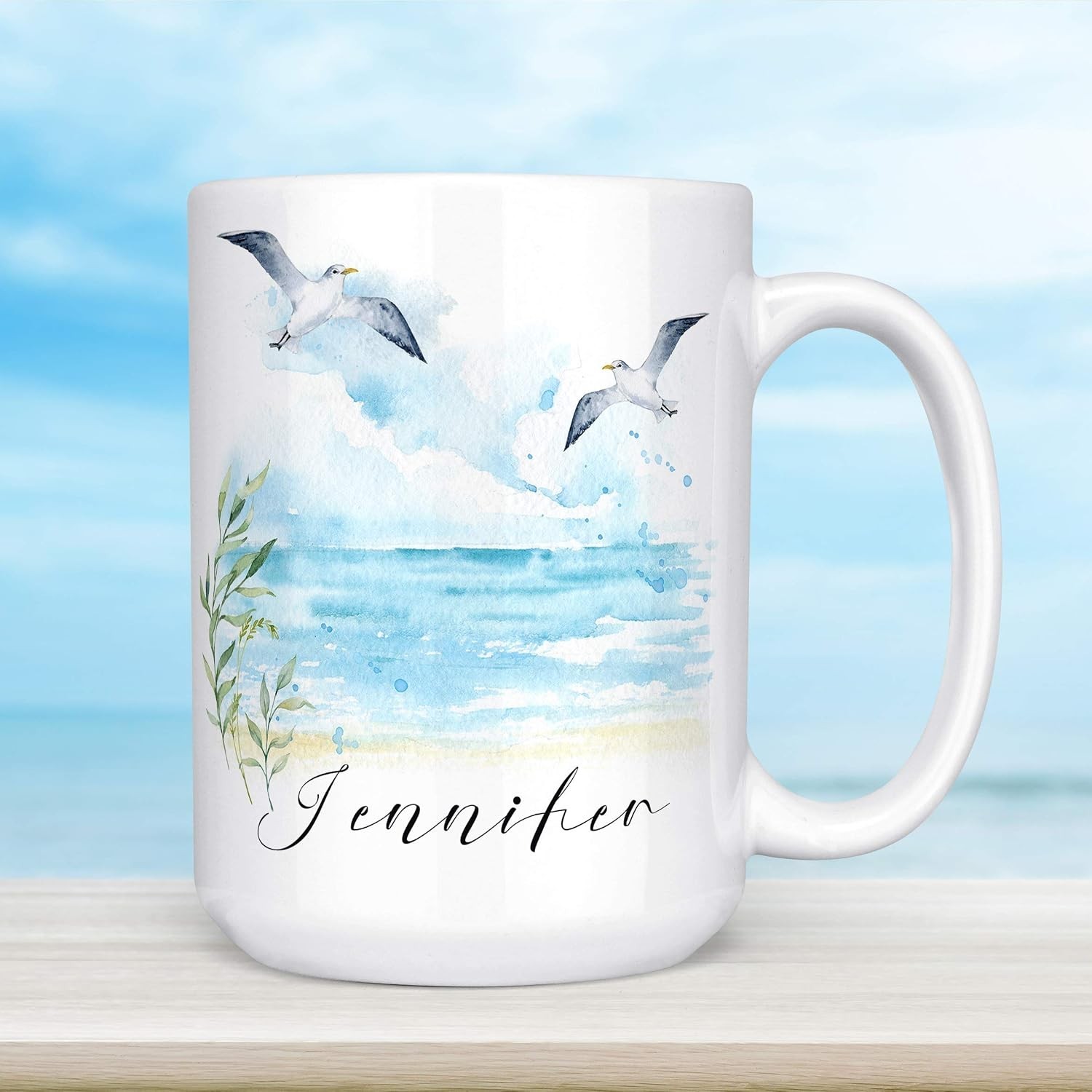 Custom Name Beach Seagull Watercolor Ceramic Coffee Mug, 11 oz or 15 oz