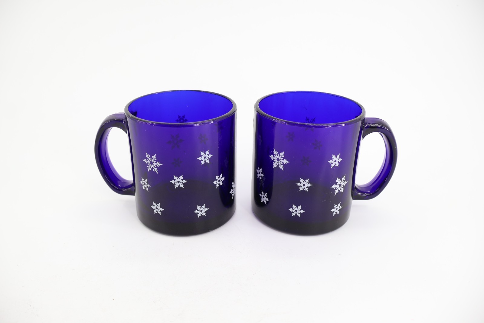 Libbey Cobalt Blue Glass Mugs Set of 2 White Snowflake Winter Christmas Holiday