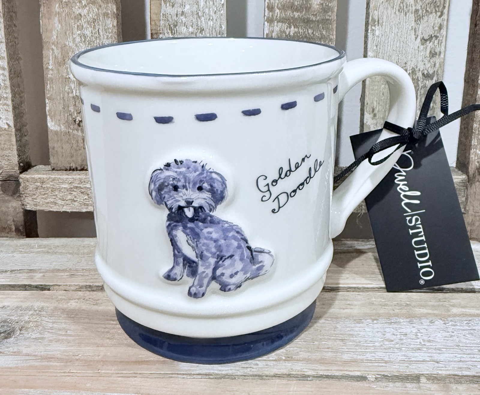 NEW Dwell Studio Golden Doodle 16oz White/Blue Ceramic/Porcelain Coffee Dog Mug