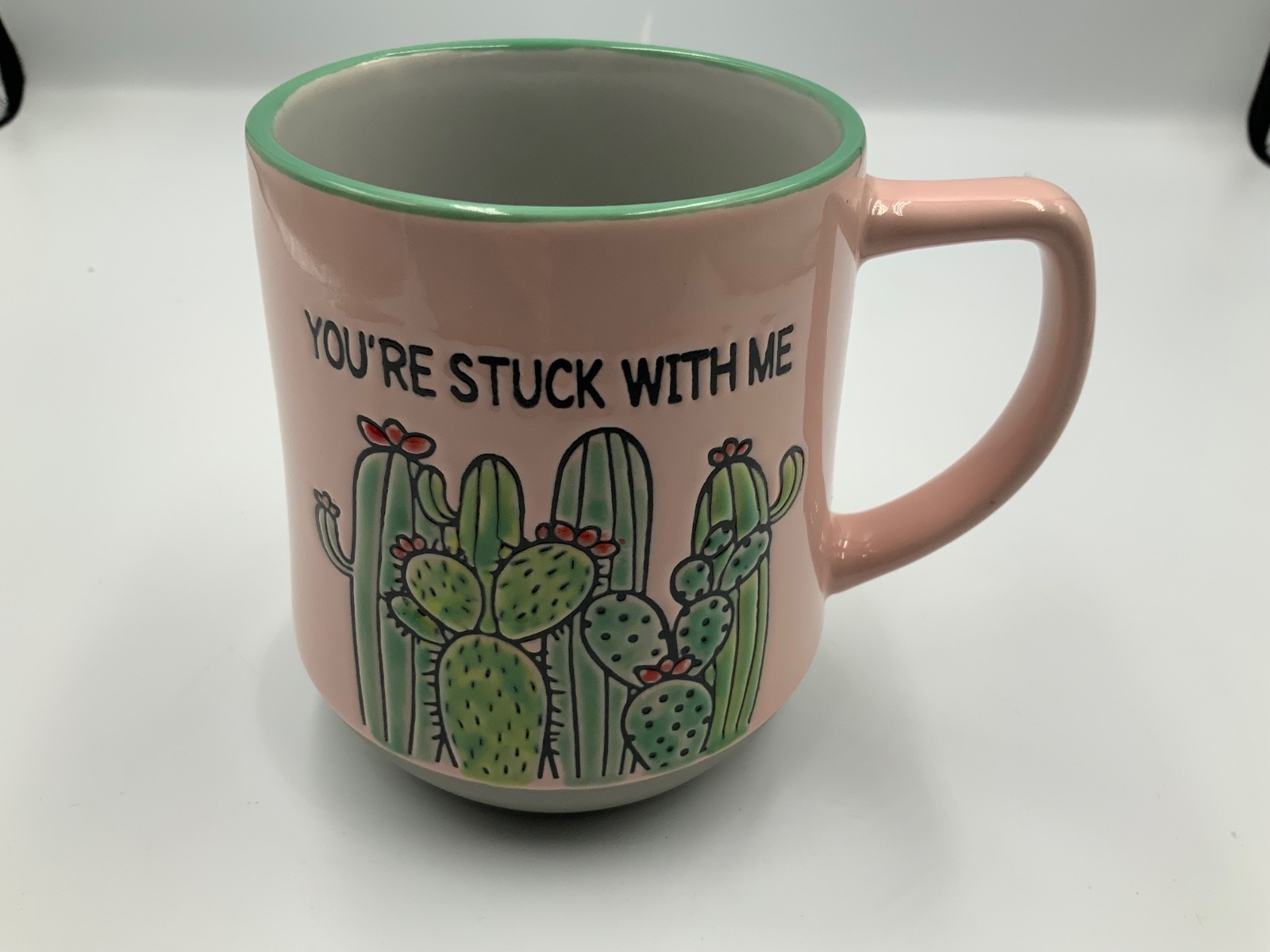 Cactus Themed Ceramic Mug “You’re Stuck With Me” Pink Gray new 4.5×3.5 in.