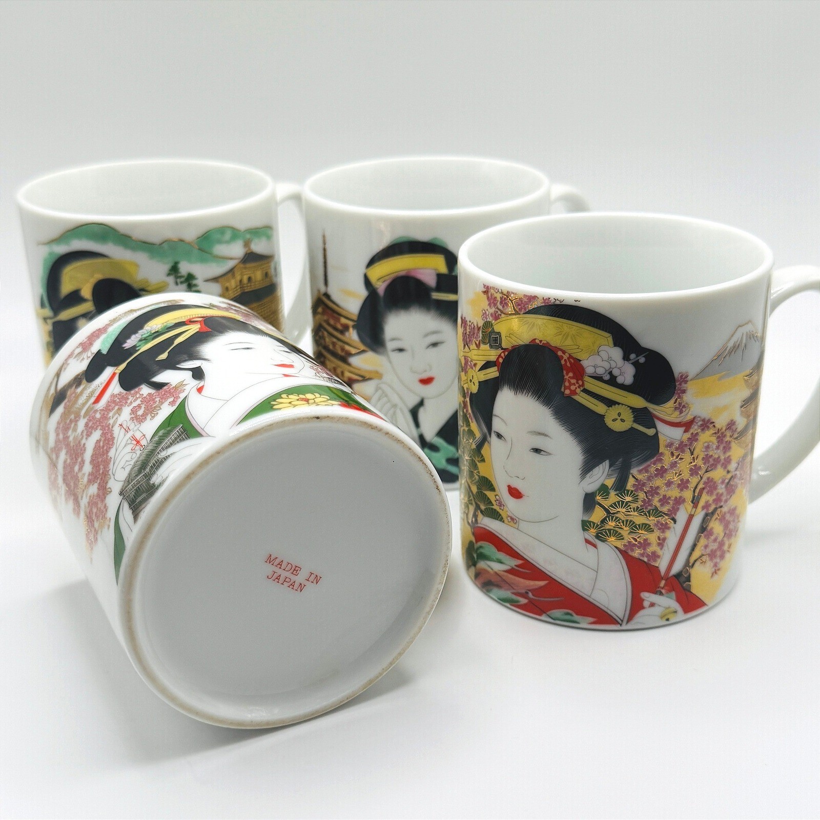 Japan Traditional Geisha Mugs Gold Gilt Mt Fuji Cherry Blossom Pagoda Coffee Tea