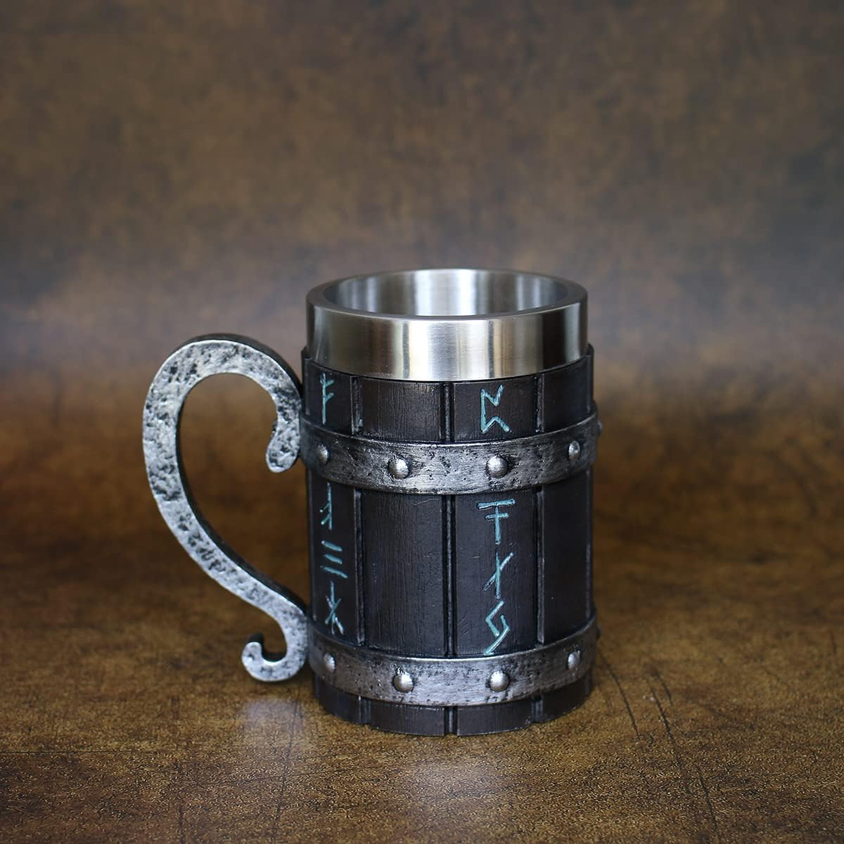 Nordic Viking Mug,Oak Wooden Beer Stein Stainless Steel Liner,Nordic Mythology V