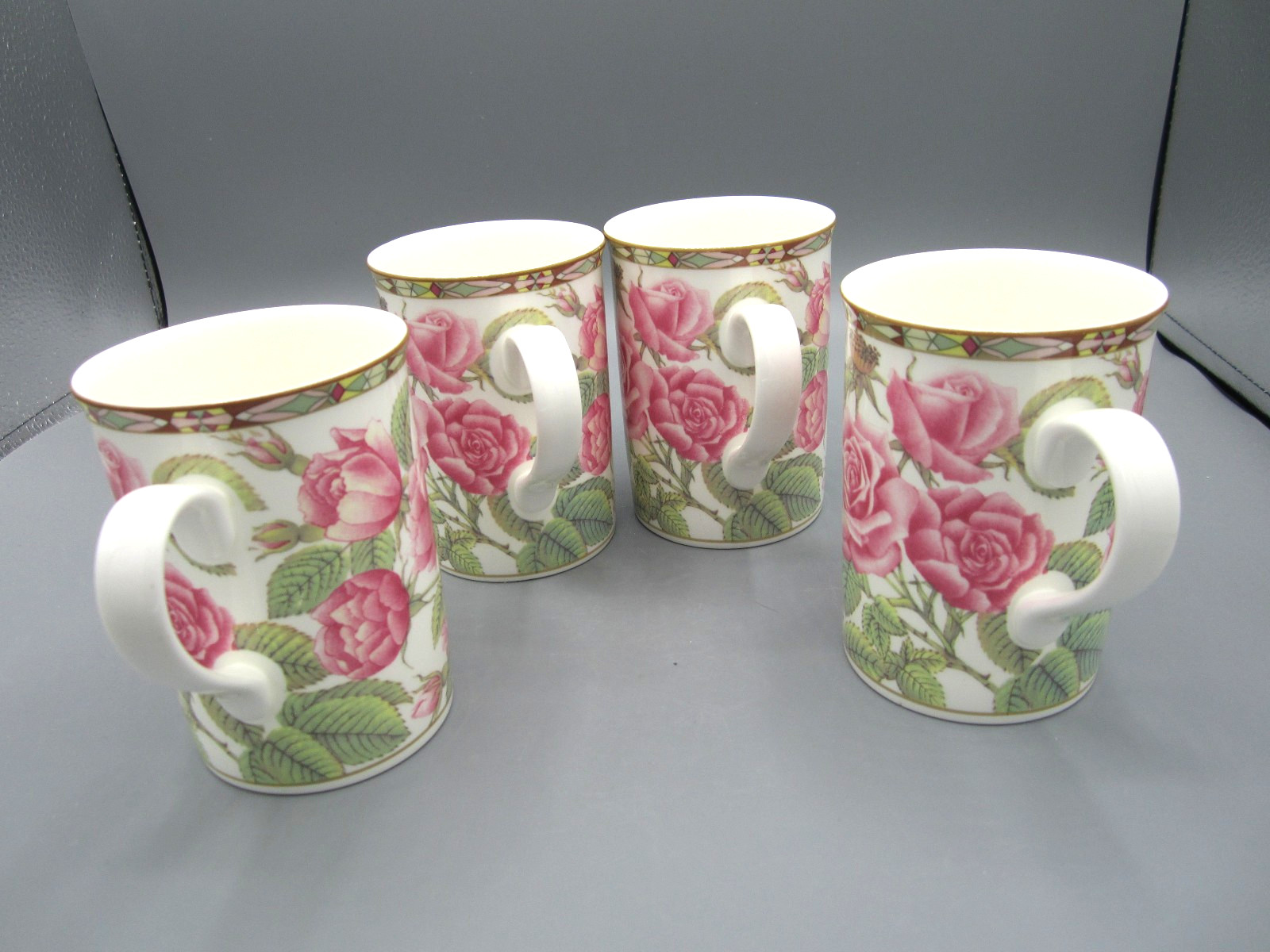 Set of 4 Royal Bone China, White, Pink, Green, Roses Tea Coffee Mug 10 oz (Box)