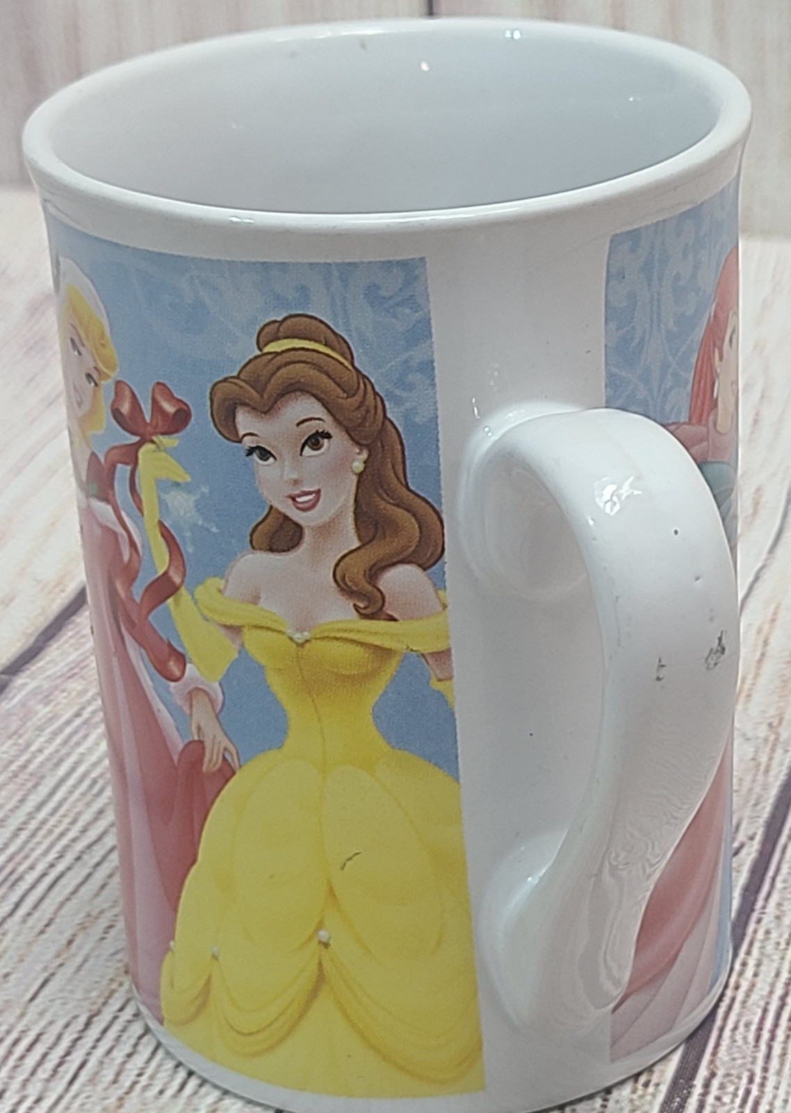 Disney Princesses Christmas Coffee Cup Mug Ceramic Belle Cinderella White Blue