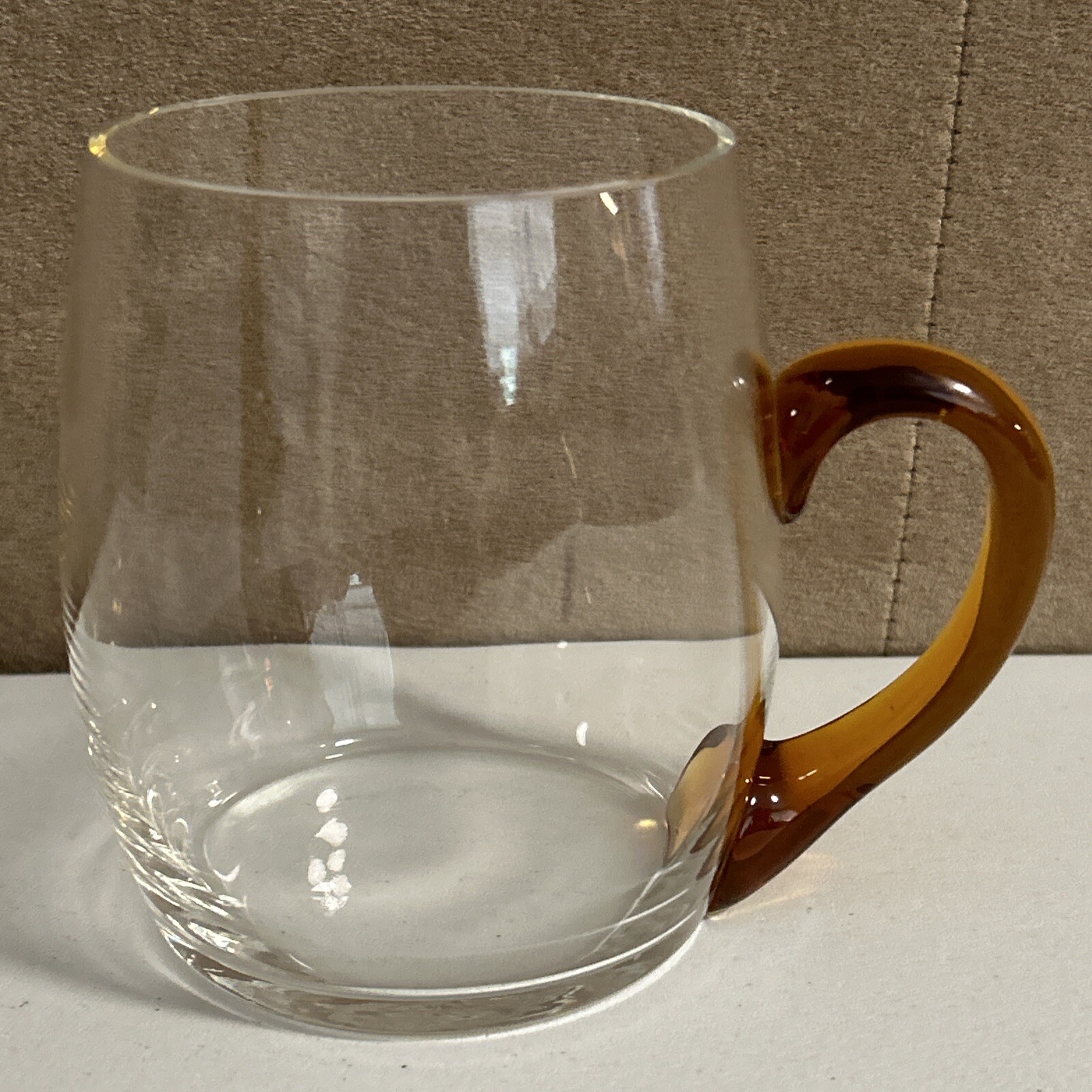 14 Ounce Hand Blown Clear Mug With Brown Amber Orange Handle