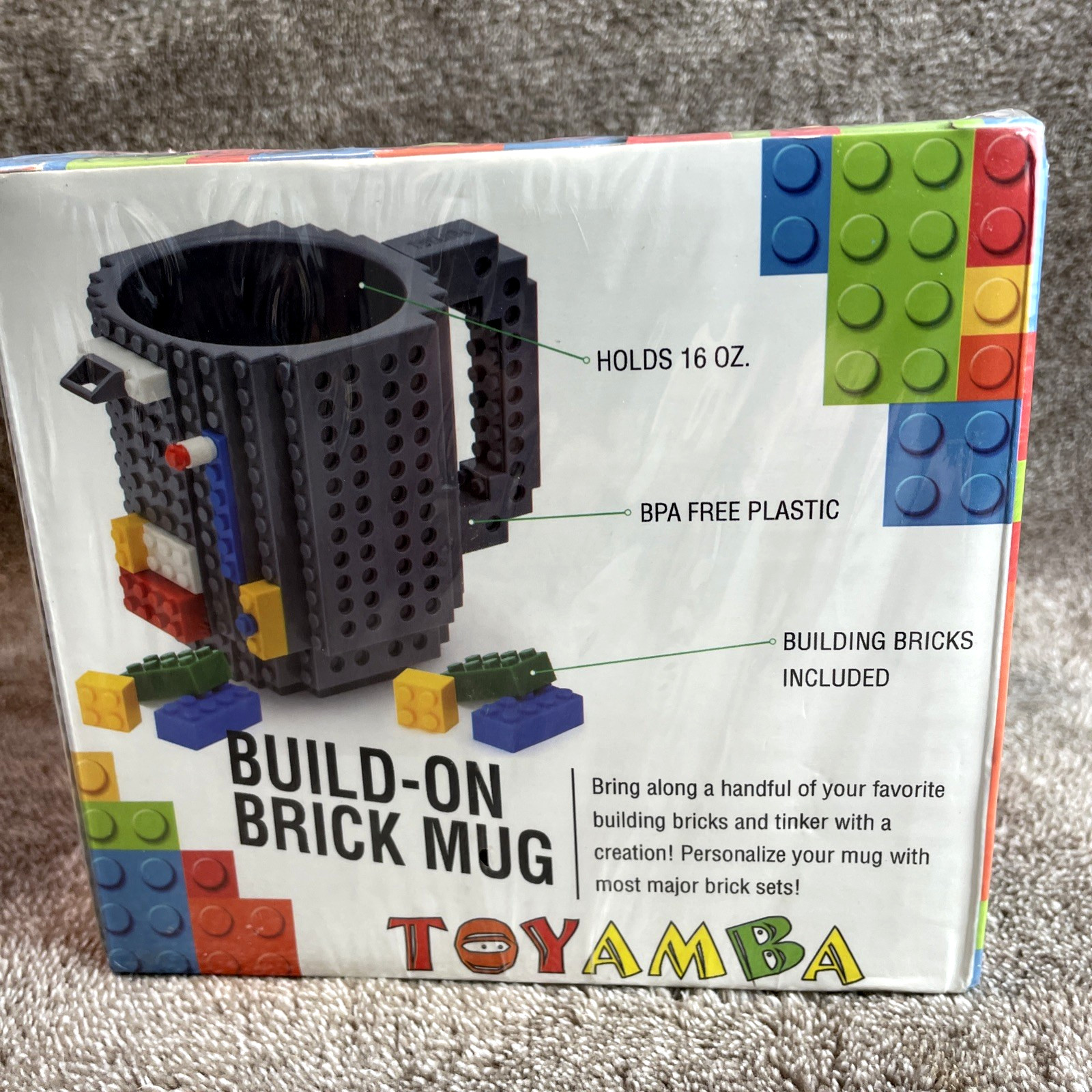 Toyamba Build-On Brick Mug 16 Oz BPA Free Plastic Black Building Bricks Included
