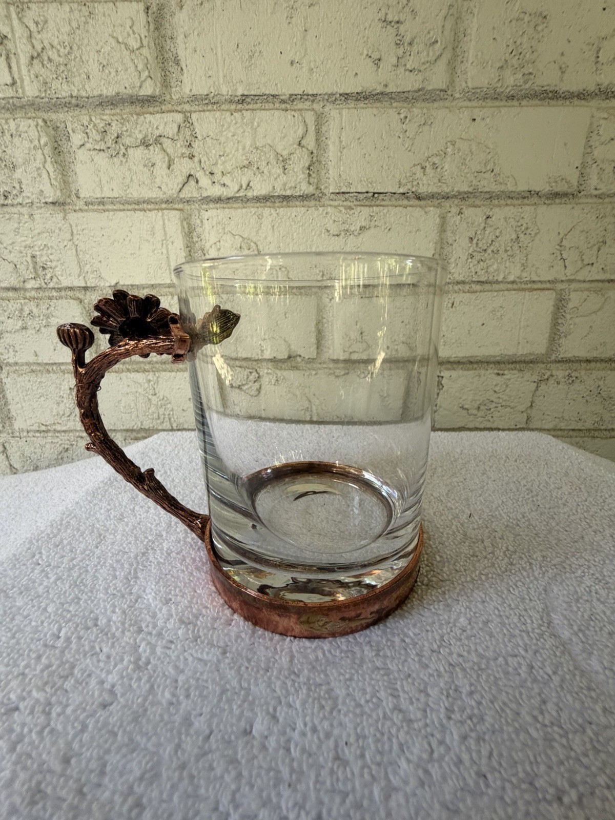 Clear Glass Mug 8 fl oz Copper-Tone Floral Metal Handle & Base Rustic Decor