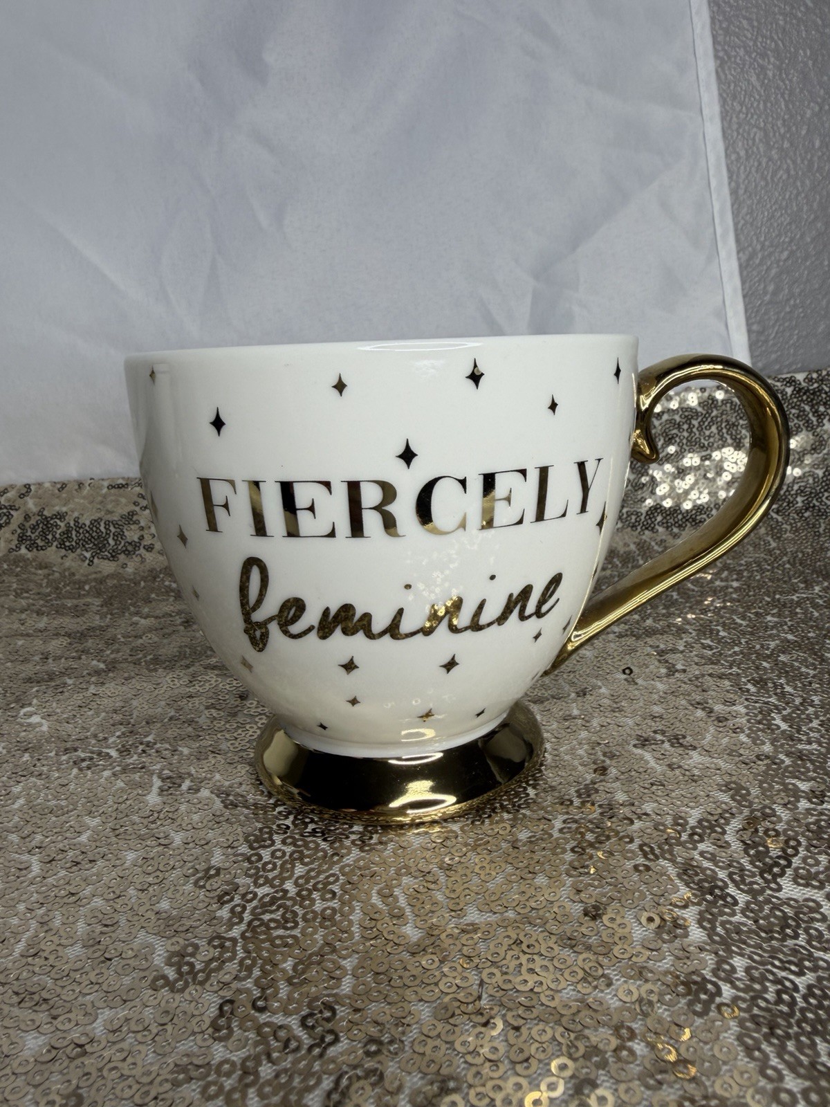 Nanette Lepore Fiercely Feminine Porcelain Coffee Mug White Gold Decorated