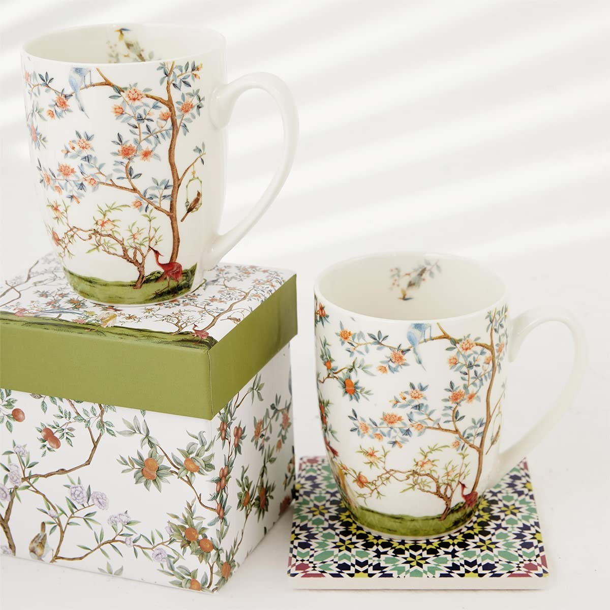 ALYC Fine China Coffee Mug Set – Bird and Branch Flower Teacup Design – 2Pack