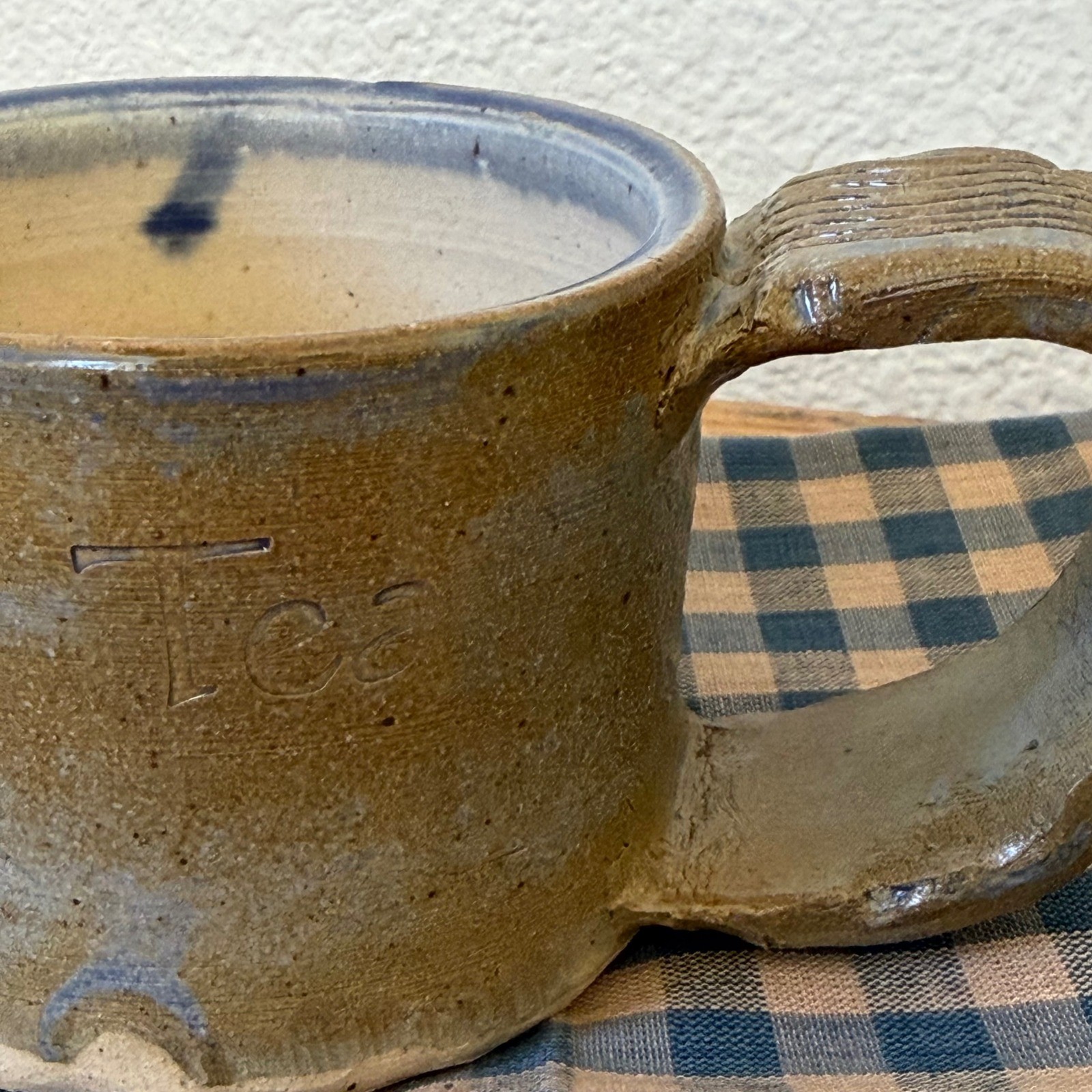 Studio Pottery Tea Mug Amber Glaze Coil Handle Signed Handmade Stoneware Cup