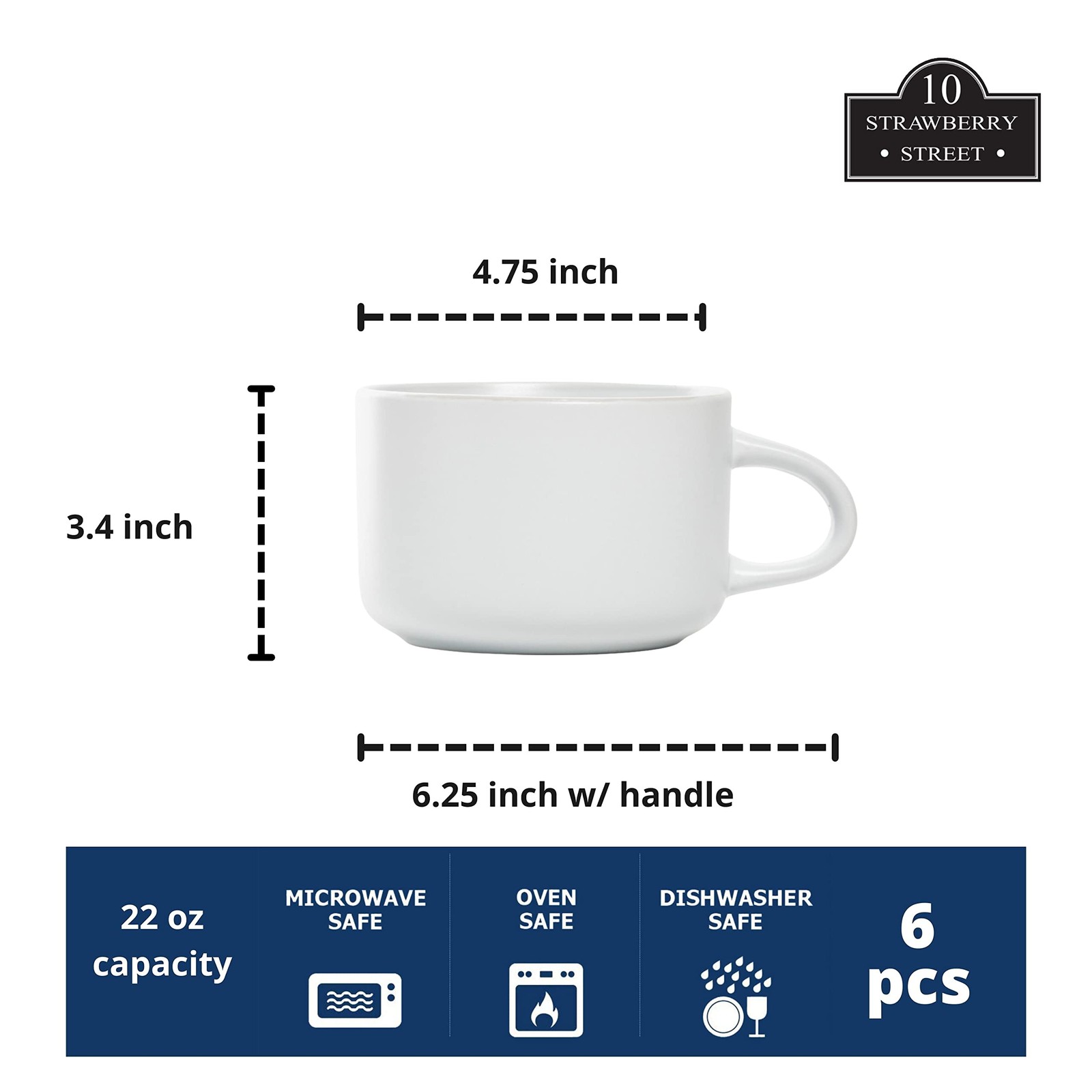Set Of 6 Oversized Modern Matte White 22 Oz Coupe Coffee Soup Mugs