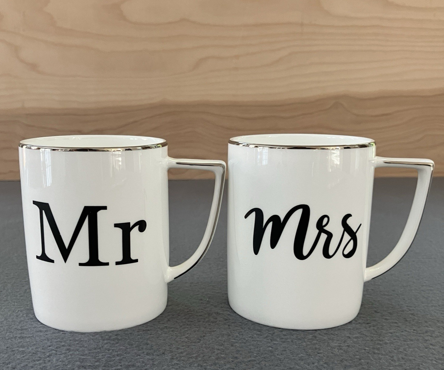 Olivia & Oliver Set Of Mr. and Mrs. White w/Silver Rim Bone China Coffee Cups