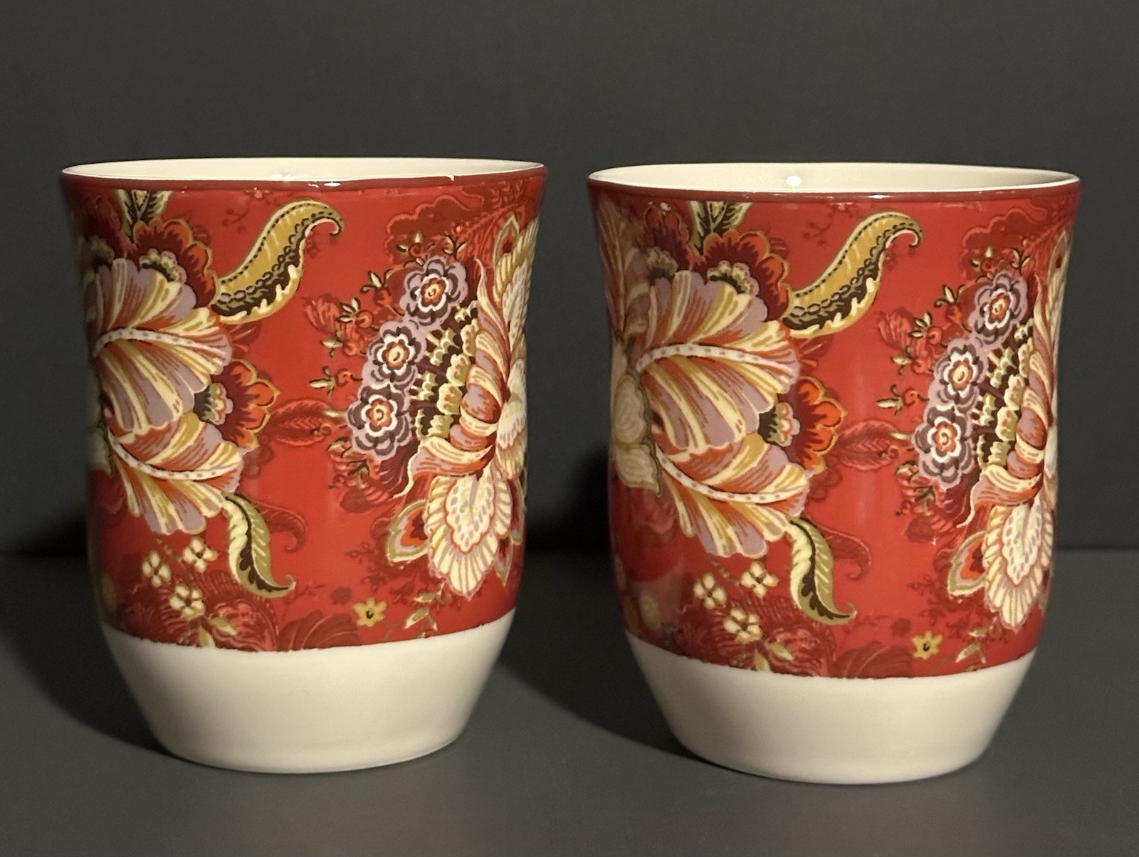 222 Fifth Gabrielle Red Floral Set of Two 4.25″ Fine China Coffee Mugs Tea Cups