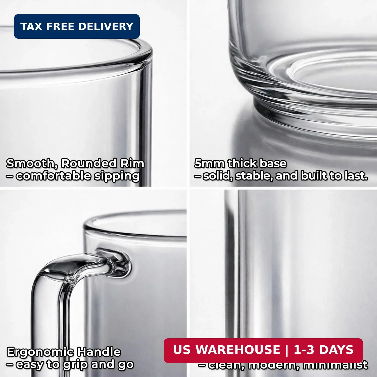 Aquach 18oz Glass Coffee Mugs Set of 2, Large Clear Borosilicate Cups | Dishwash