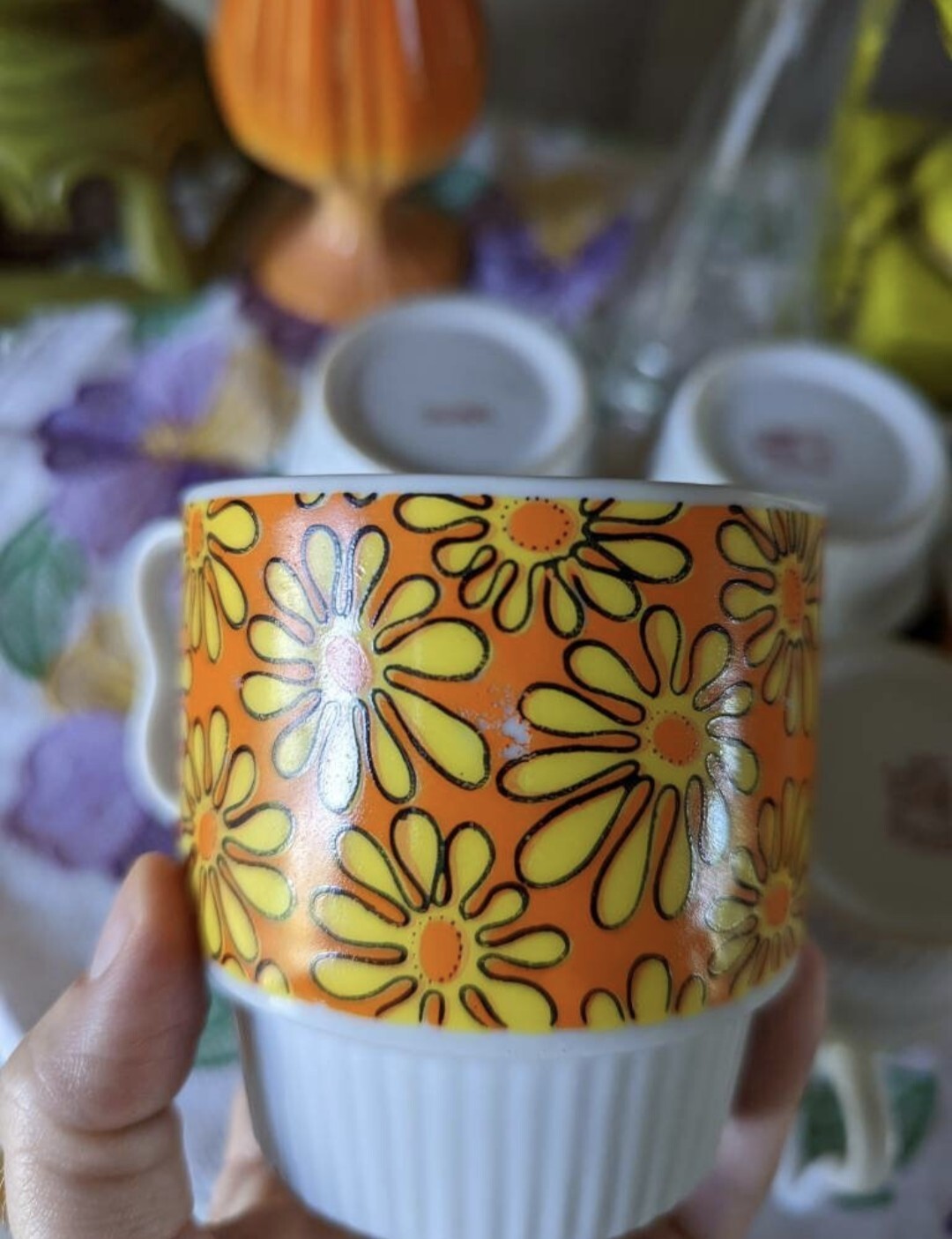 Vtg 70s Lobeco Japan Stackable Mugs 8oz Set Of 6 Mod Floral Hippie Kitchen EUC