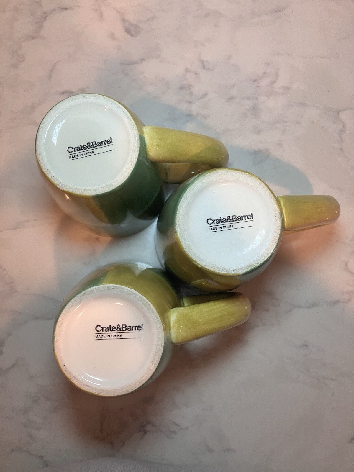 Set of 3 Crate & Barrel Color-Blocked Green & Yellow Ceramic Mugs Thick Handles