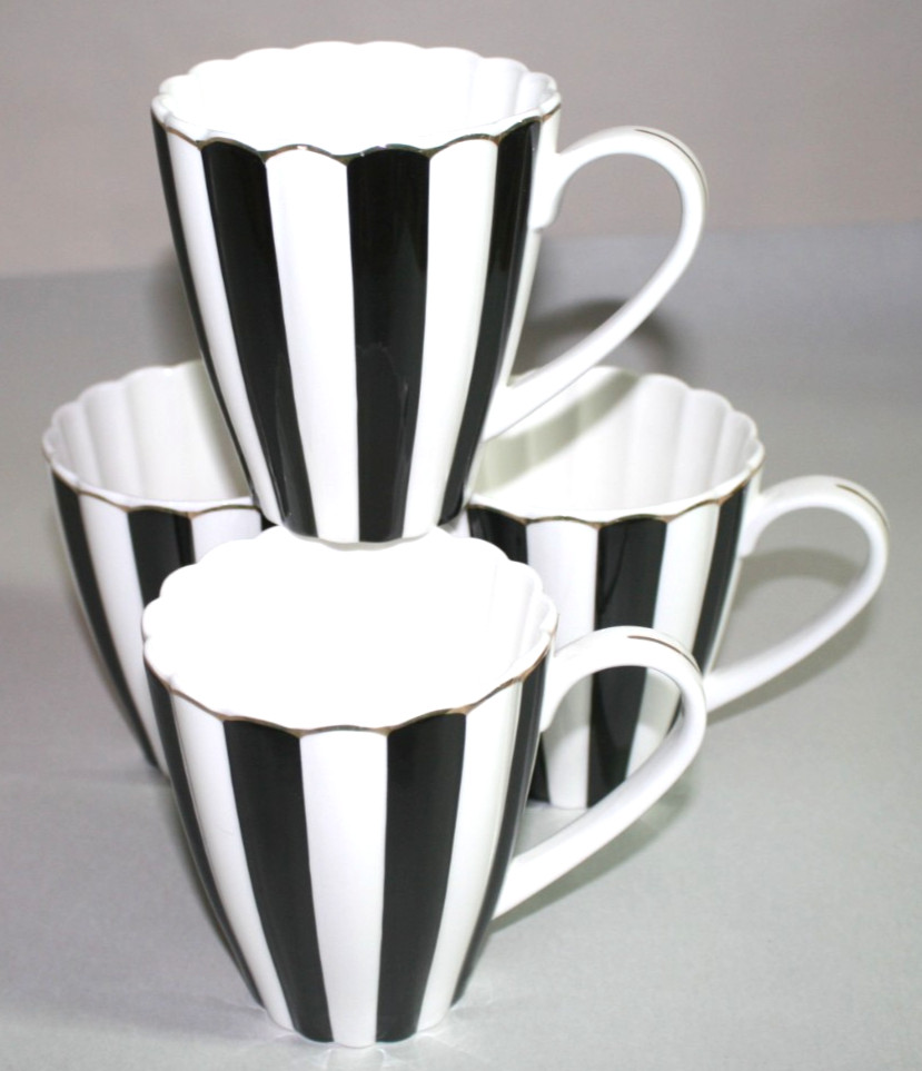 Grace Teaware Black & White Scallop Josephine Gold Rim Porcelain Coffee Mug New