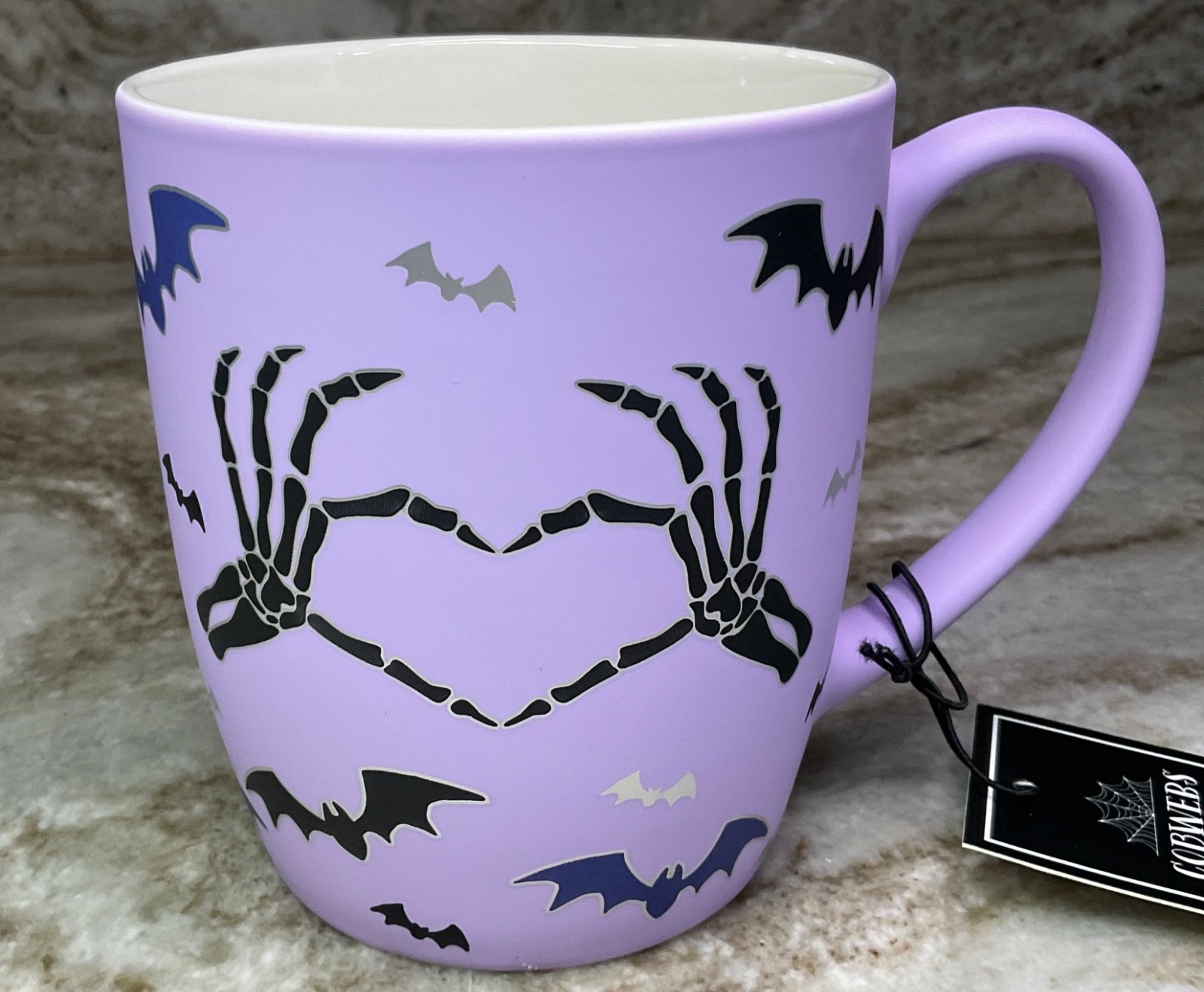 Large Halloween Coffee Mug Skeleton Heart Hands And Bats Purple New
