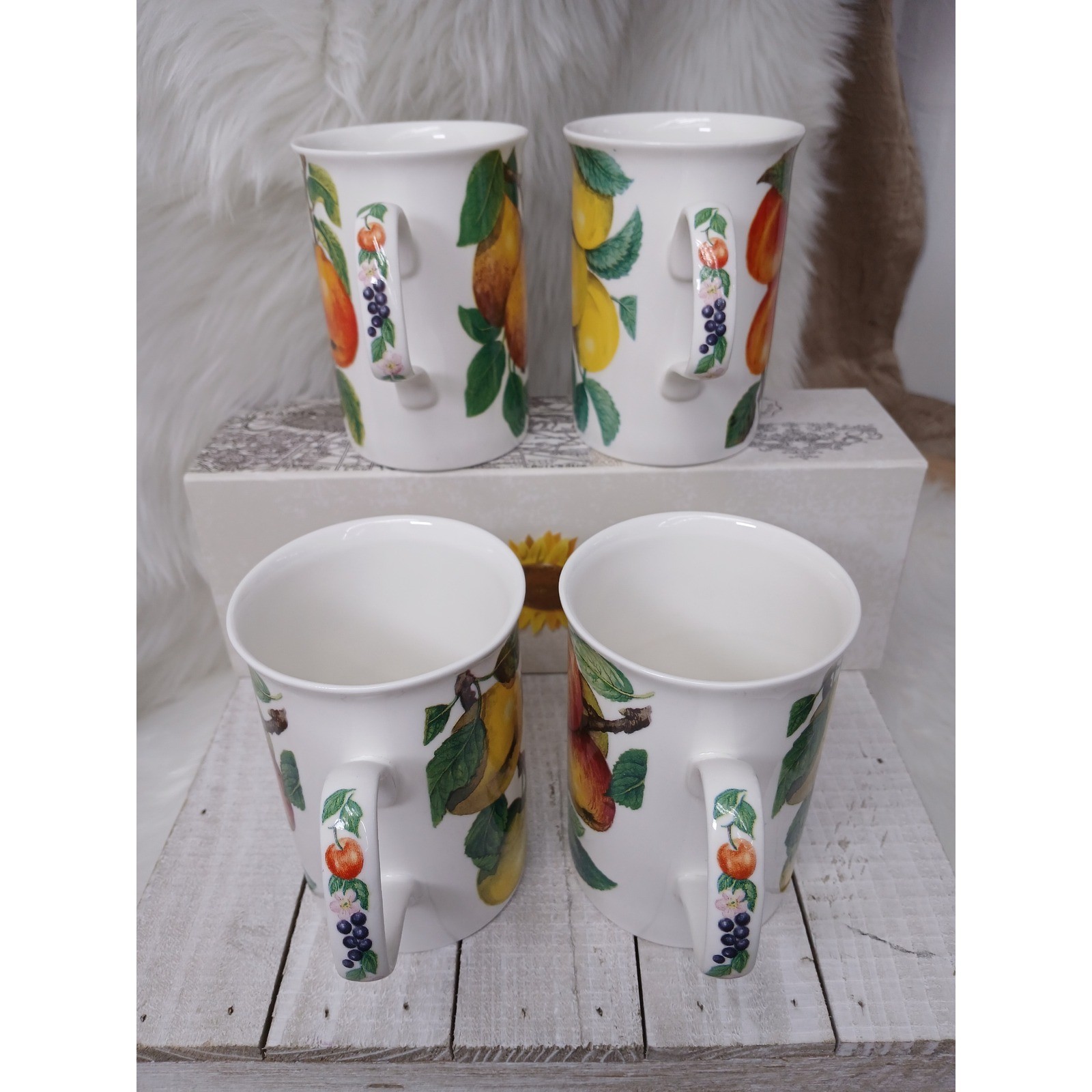 Roy Kirkham Orchard Fine Bone China Mugs Set of 4 Fruit Botanical England 1993