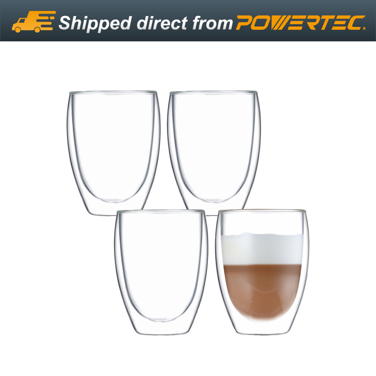 BLUE BREW 4PK Double Walled Insulated Glass Coffe Mug 12 oz (350ml), set of 4