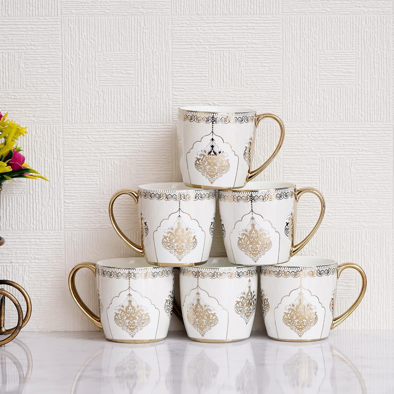 White Gold Line Ceramic Coffee & Tea Cup Set of 6, 160 ML, White
