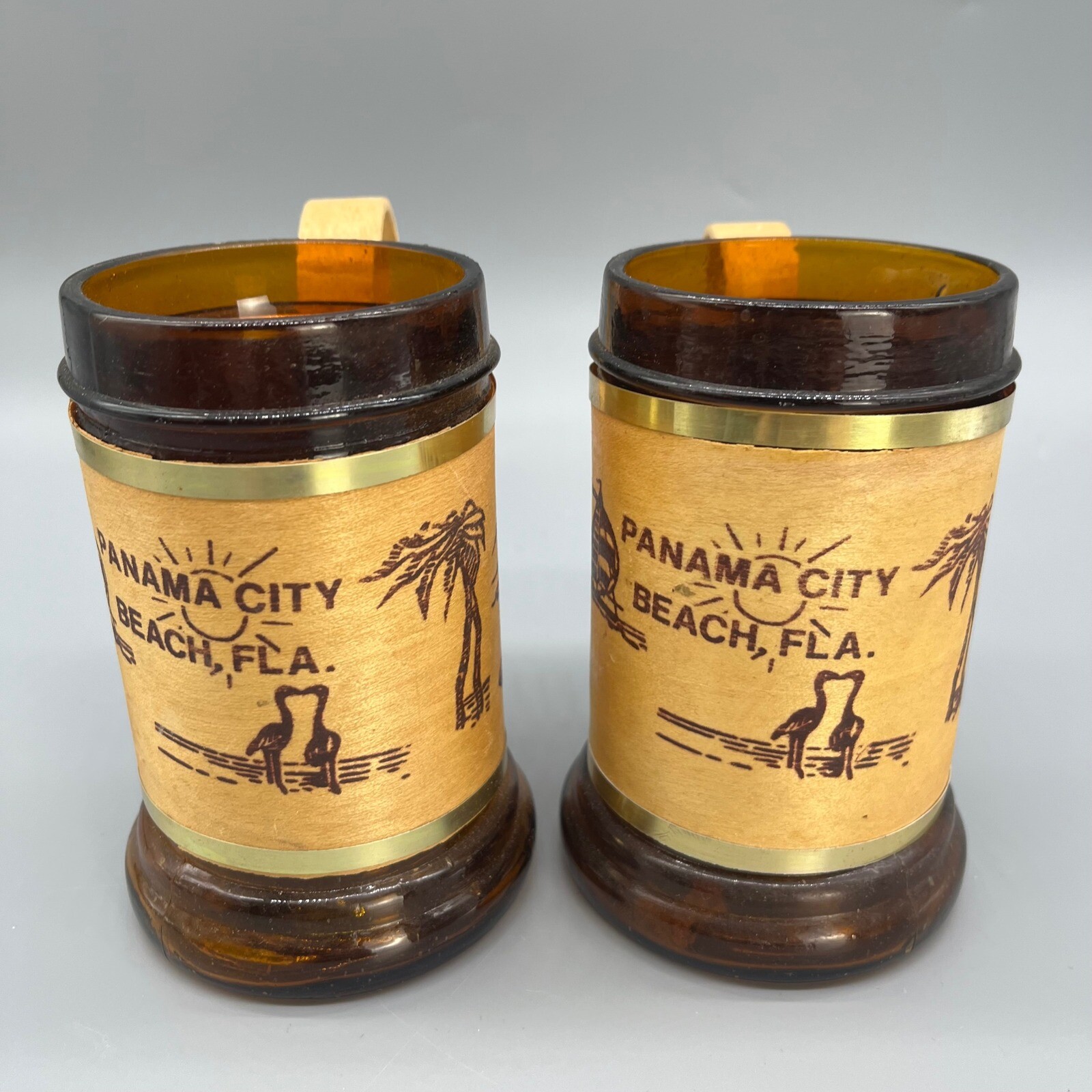 2 Vintage Souvenir Mugs Panama Beach Amber Glass Wood Alvin Island Stein Set NWT