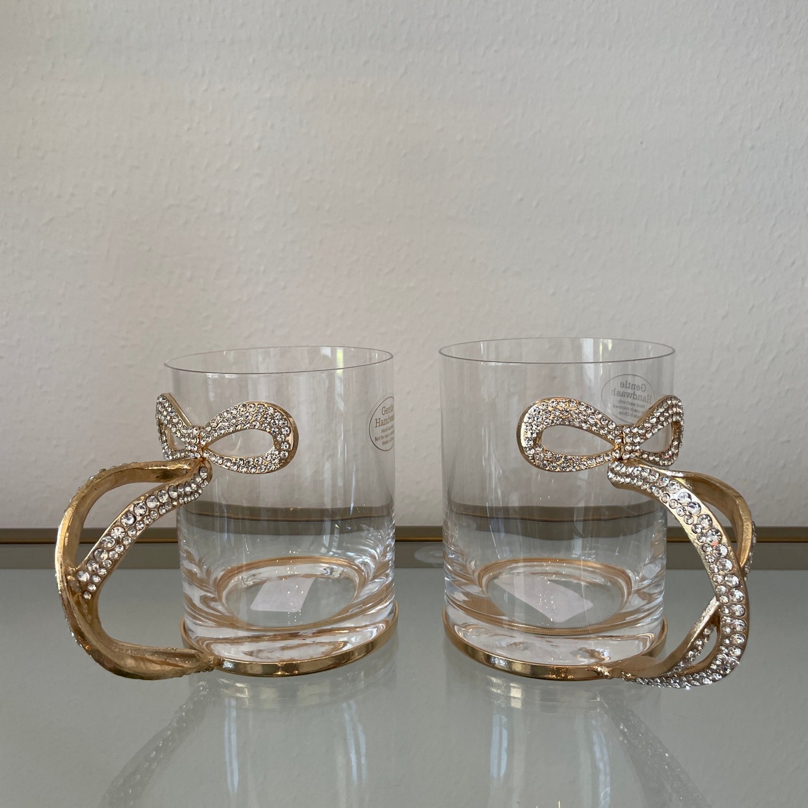 Gold & Rhinestone BOW Handle Glass Mug Coffee Tea Cup Set of 2 Glam Kitchen New