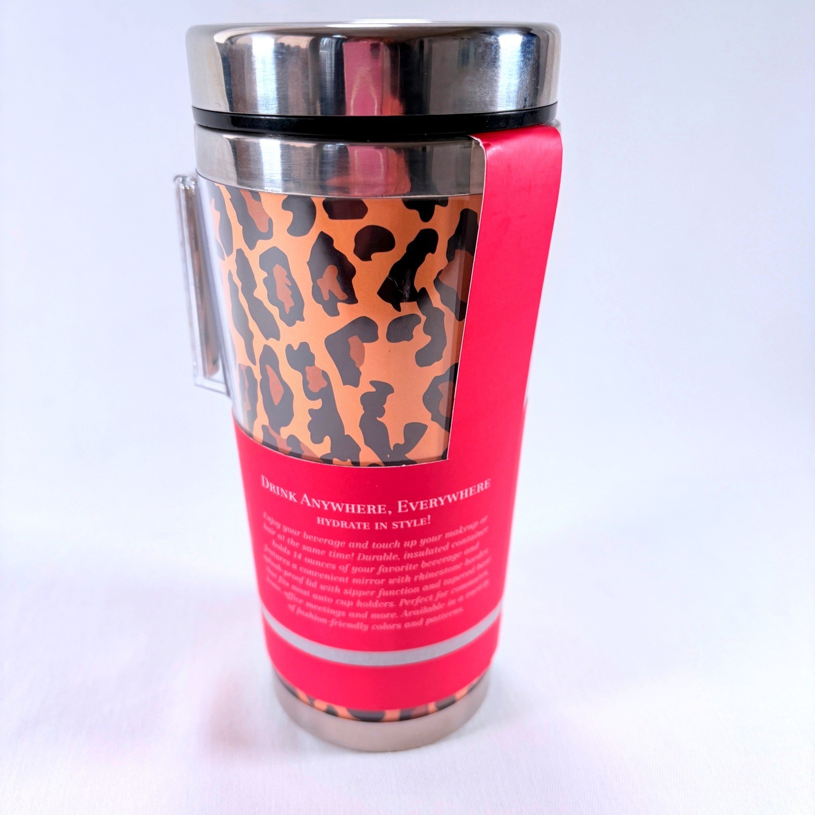 Totes Travel Mug Womens 14oz Orange Leopard Good Rhinestone Mirror Animal Print