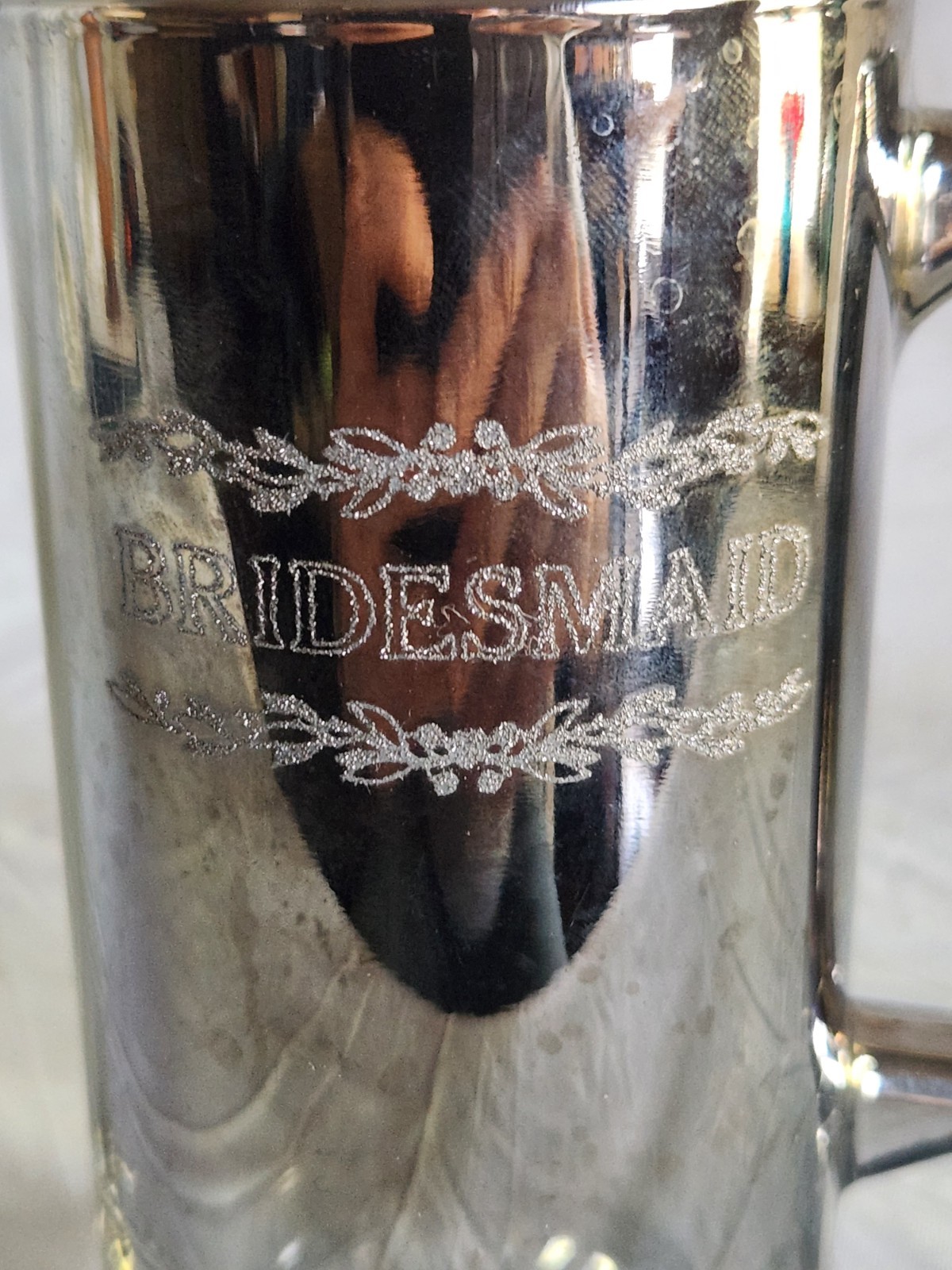 “Bridesmaid” Beer Mug Metallic Smoky Wrapped Glass Mug • Bridal Party
