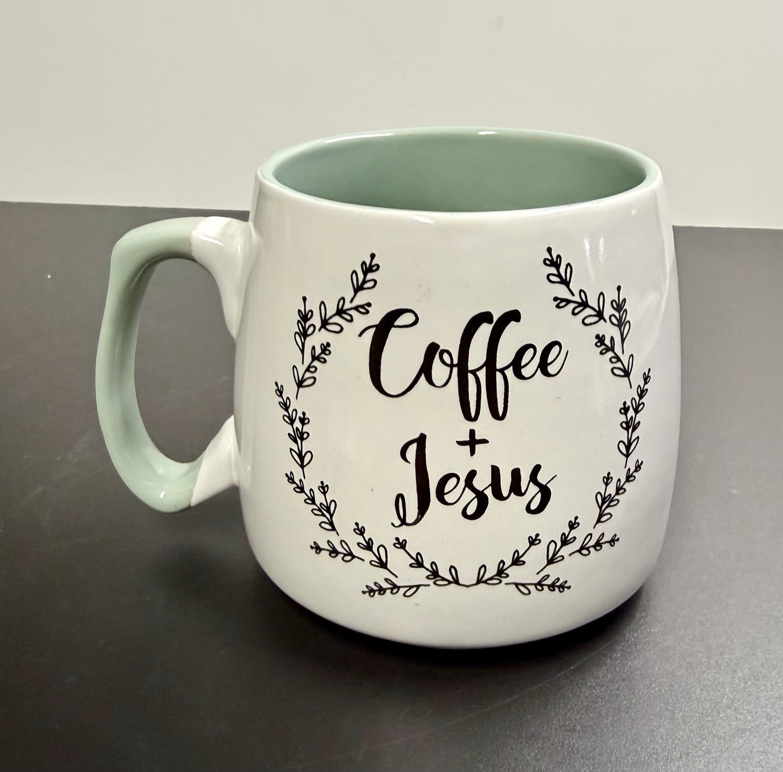 Coffee & Jesus Large Seafoam Green & White Ceramic Mug 16.0 oz 4.0” Cross Inside
