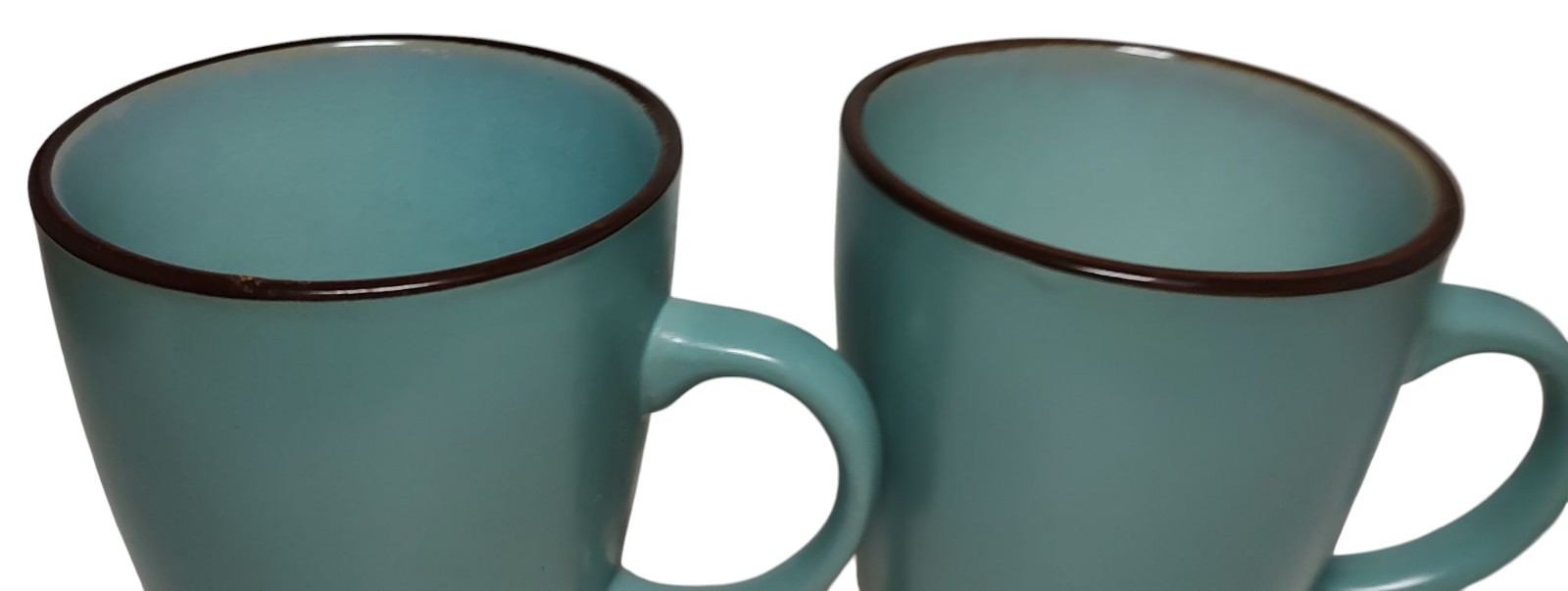 Vintage Large Coffee Mugs Cups Teal with Brown Trim Unbranded Ten oz Lot of Two
