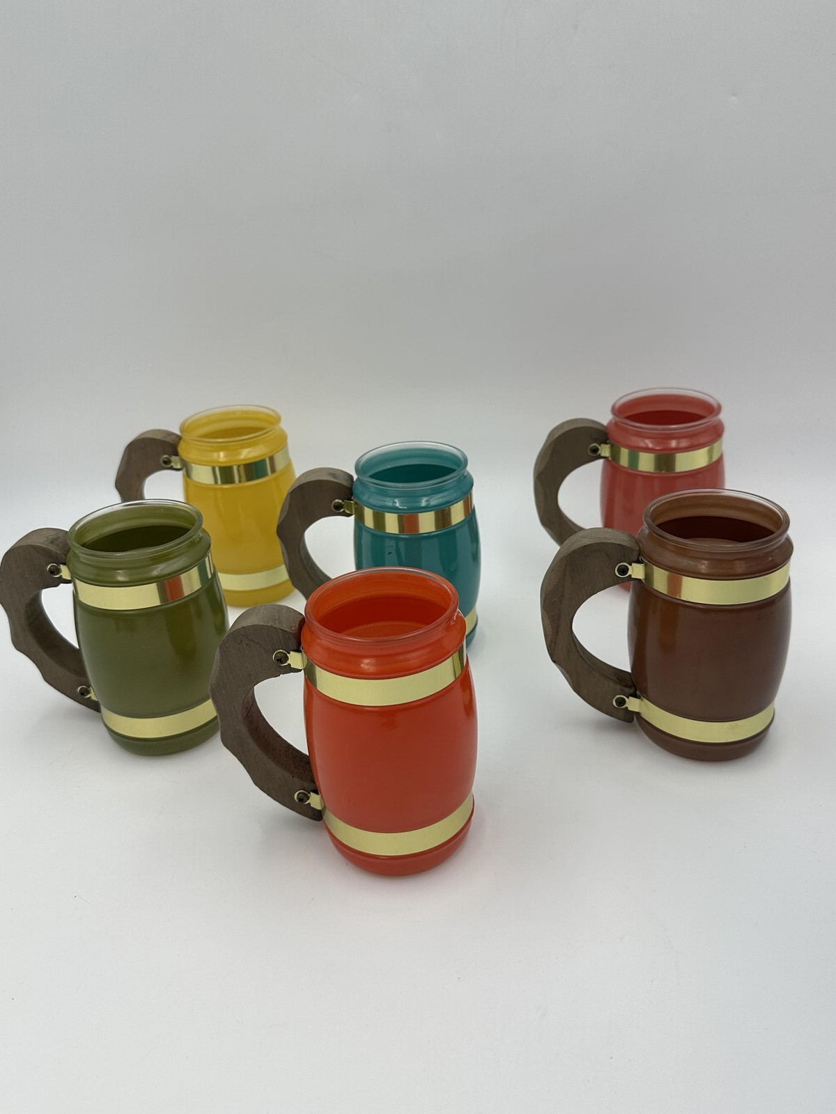 Siesta Ware Glass Mugs Set Of 6 Glass Barrel Wood Handles Multicolor Vintage