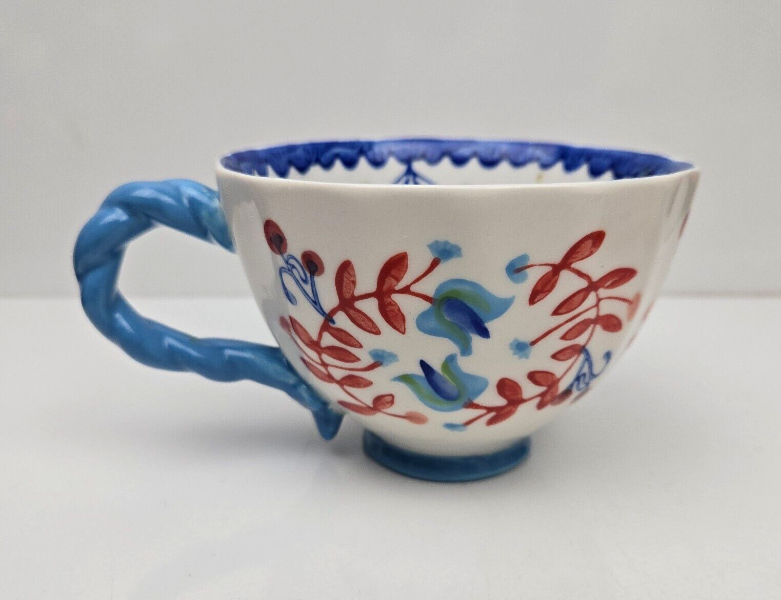 Anthropologie Mug PERCEFOREST Hand Painted Floral Flowers Twisted Handle Blue