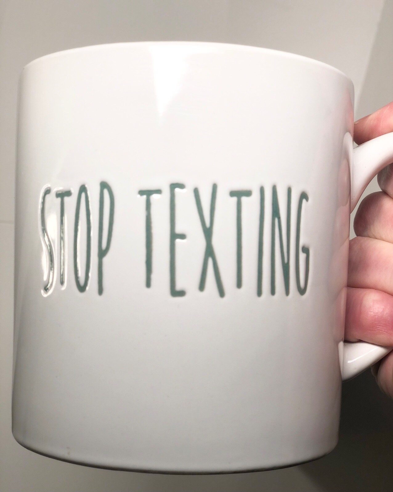 STOP TEXTING Coffee Mug Lavender Interior Sage Green Letters by Baum Letters LG