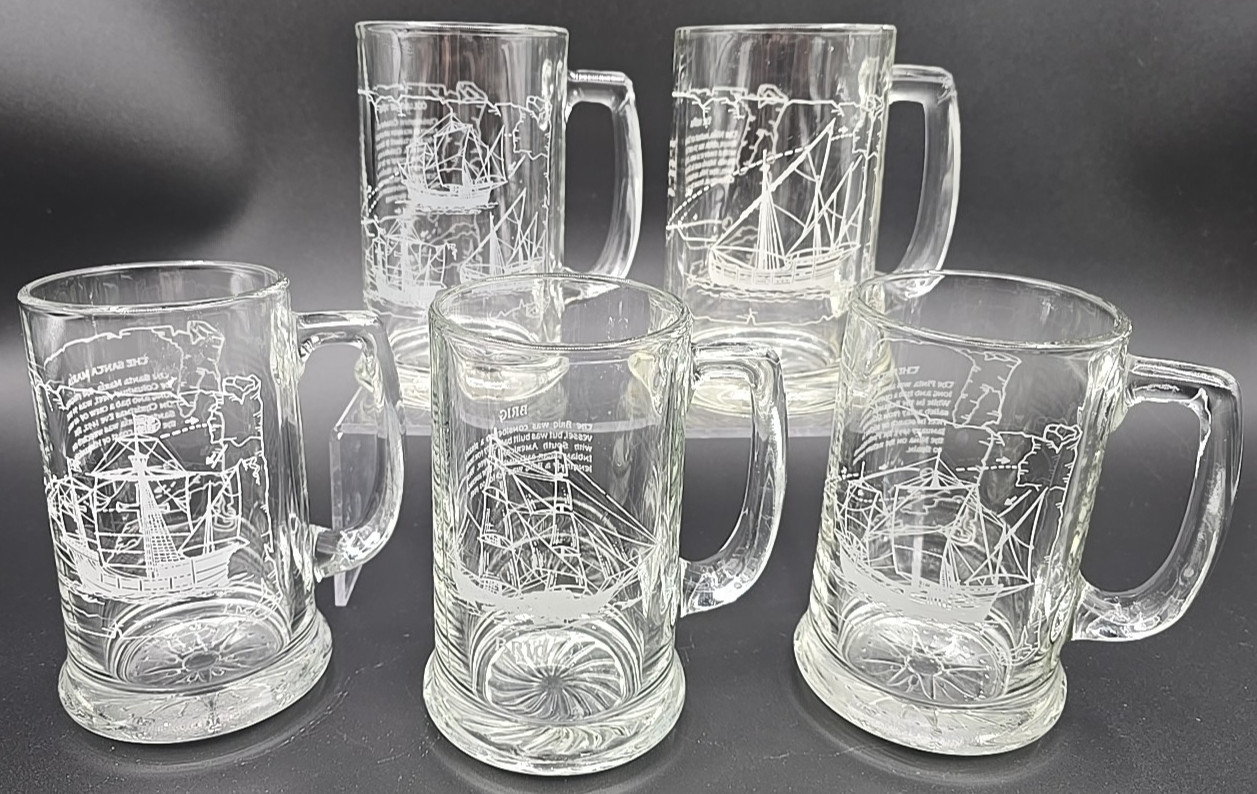 Vintage Etched Glass Ship Beer Mugs 5 pc Set Nautical Sailing Steins Historical