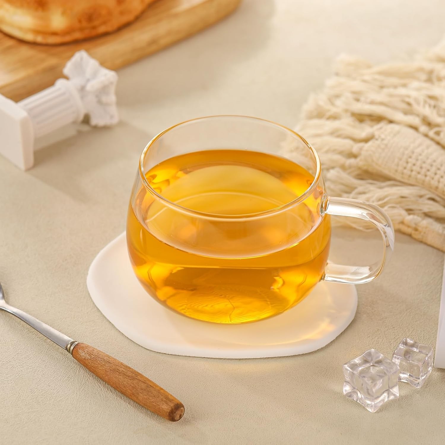 Glass Tea Cups Set of 2, Clear Borosilicate Glass Teacups with Handle for