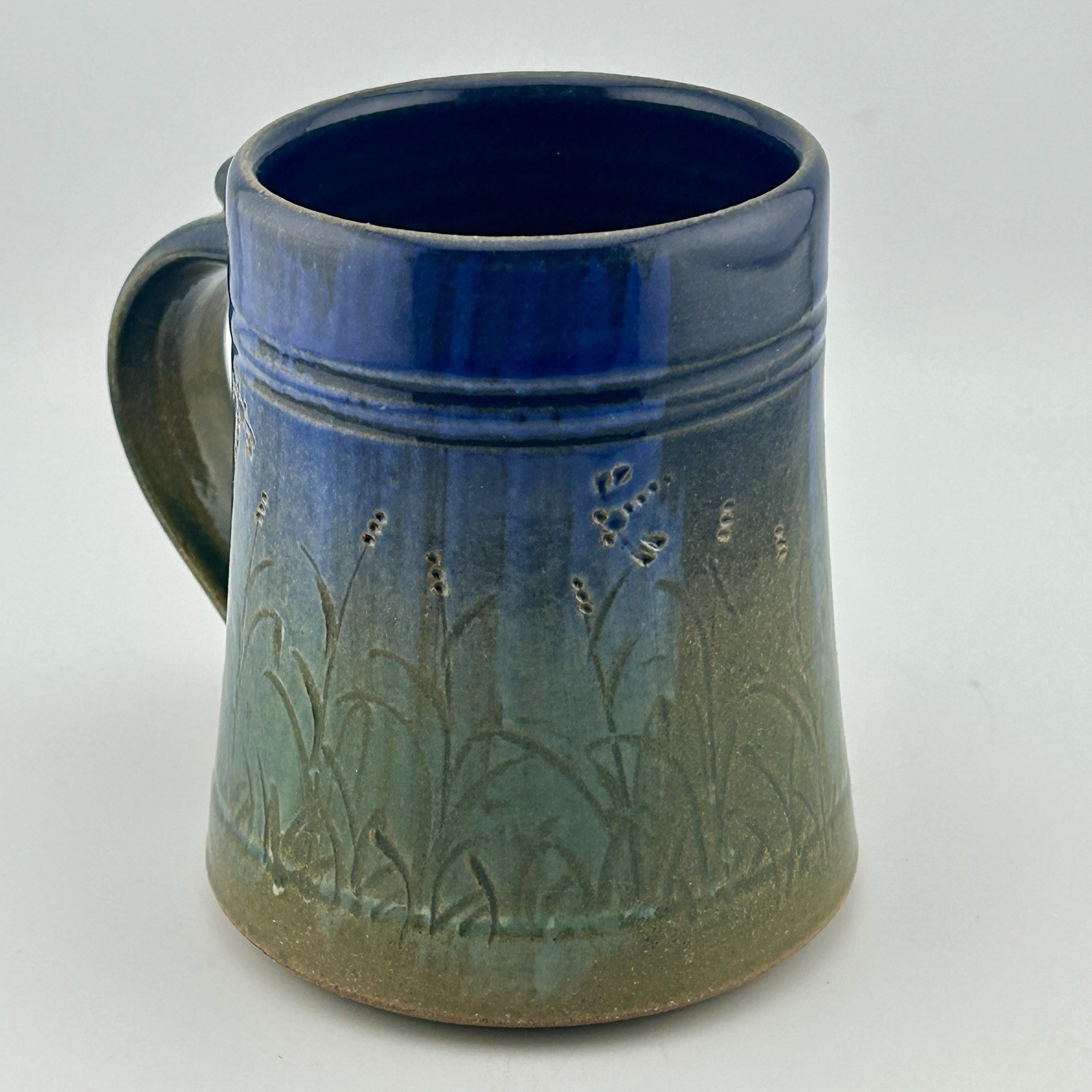 Studio Pottery Stoneware Mug Blue-Green Sgraffito Dragonfly Thumb-Rest Handmade