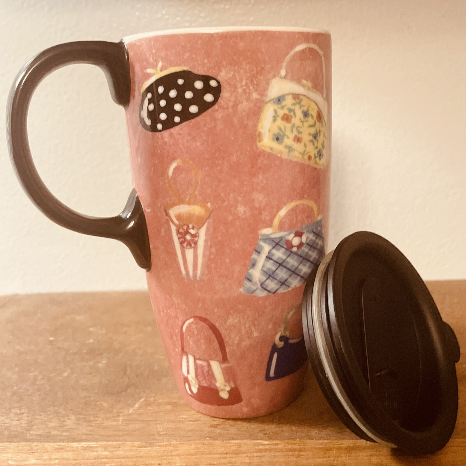 Cypress Home Travel Mug Tumbler Lid 16 oz Pink Purse Lovers Ceramic Cup Handle