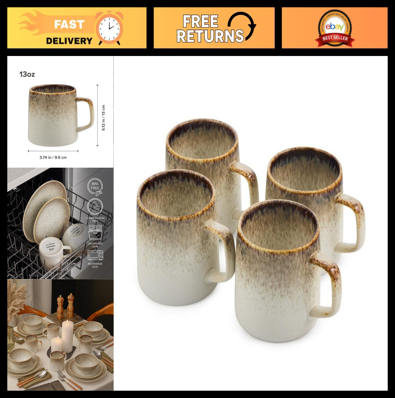 4-Pc Stoneware Coffee Mug Set – Durable 13 oz, Reactive Glaze, Rustic Design, Mi
