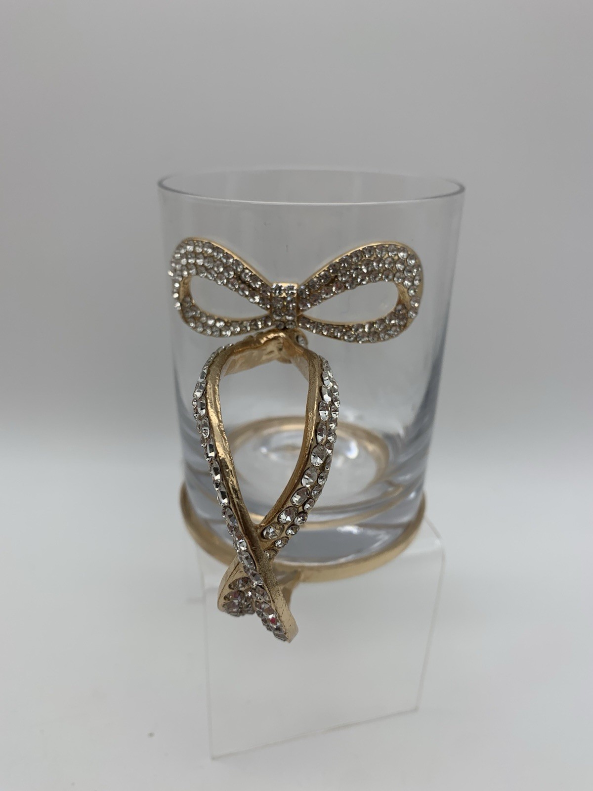 Gold & Rhinestone BOW Handle Glass Mug Coffee Tea Cup Bling Glam