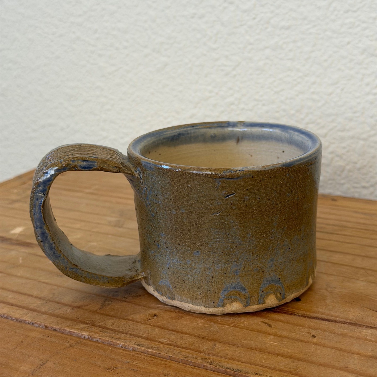 Studio Pottery Tea Mug Amber Glaze Coil Handle Signed Handmade Stoneware Cup