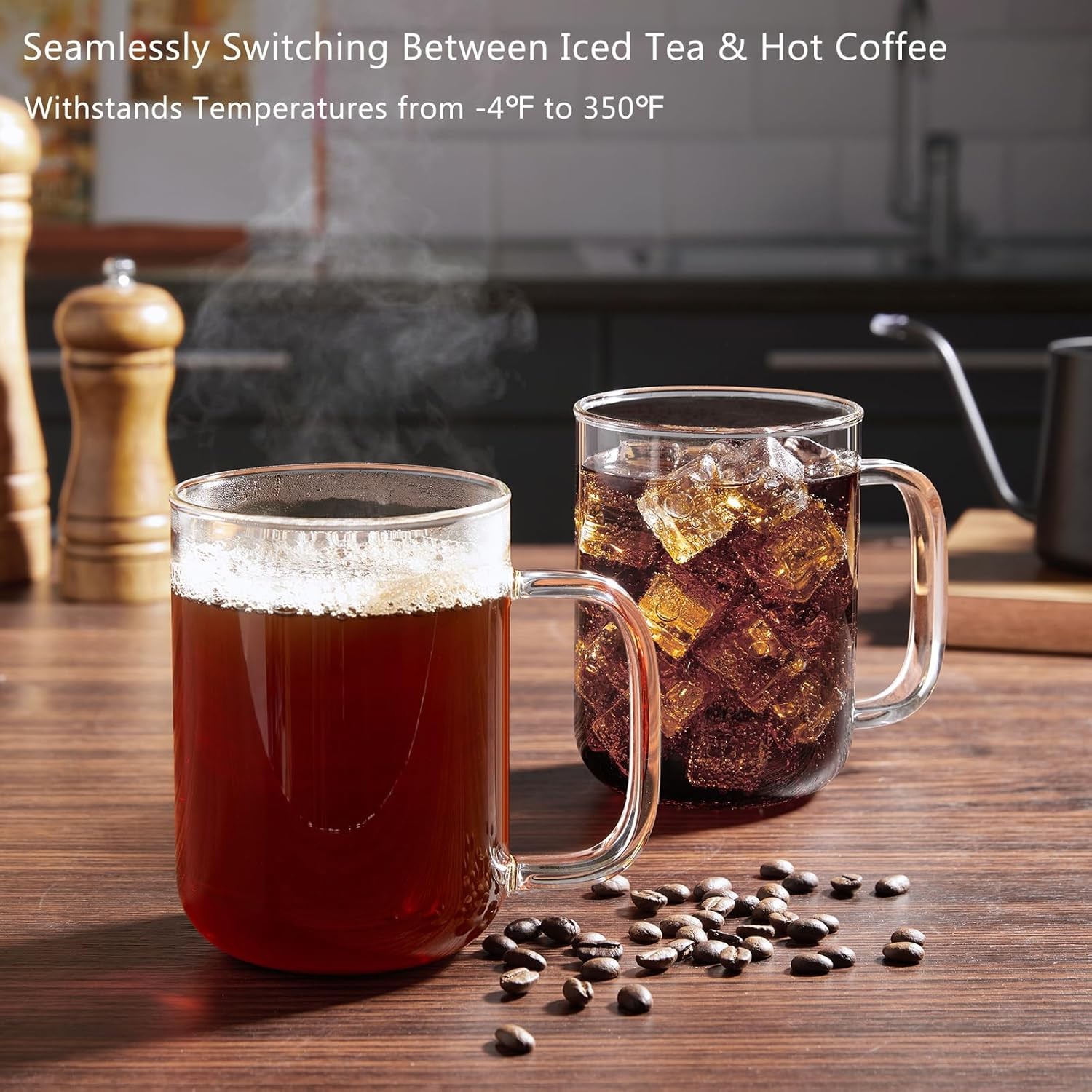 Glass Coffee Mugs, 20 oz Ice coffee cups, Large Clear Tea Cups Set of 2