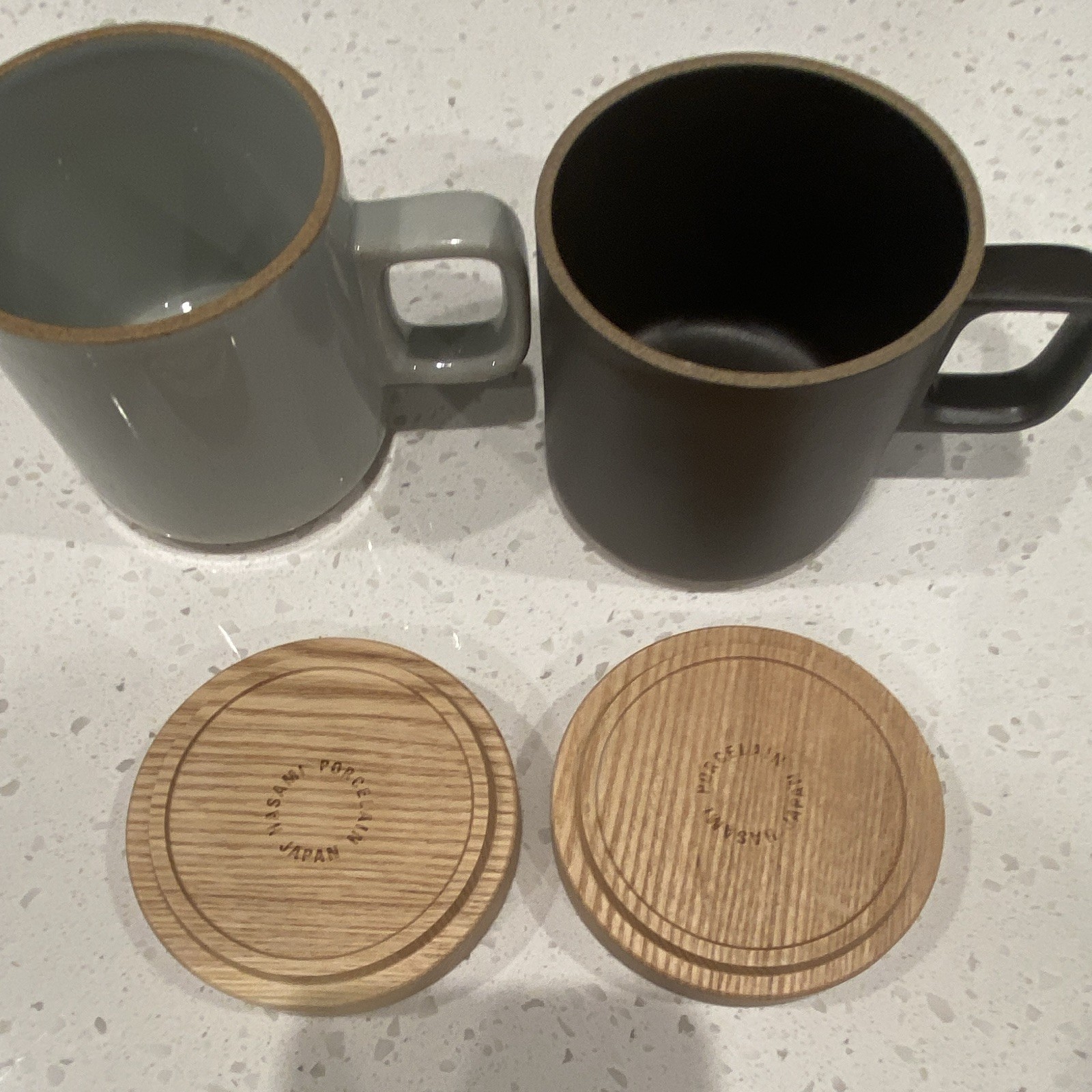 Hasami Porcelain 4-Piece Coffee Mug Set for 2 w/ Wooden Lids Gray/Black 8oz